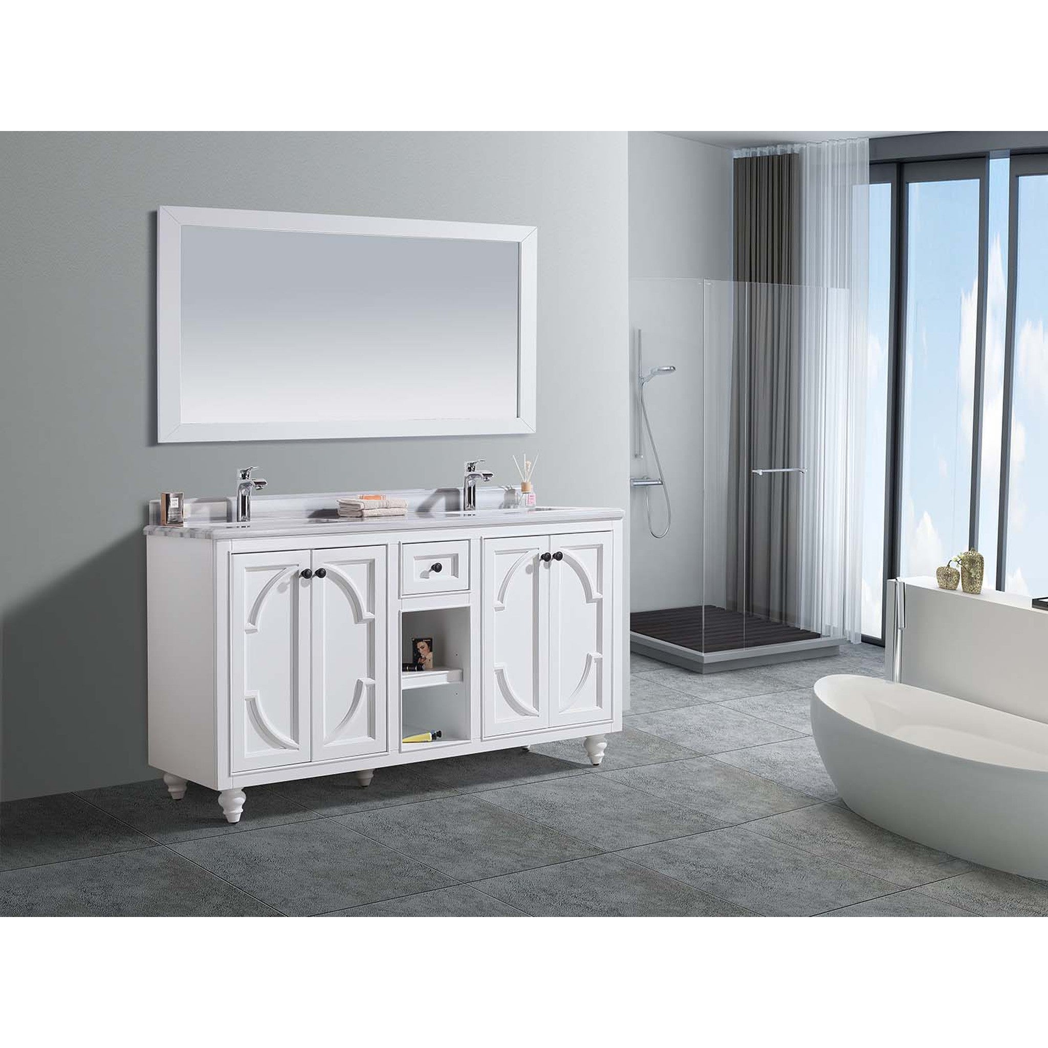 Odyssey 60" White Double Sink Bathroom Vanity with White Stripes Marble Countertop