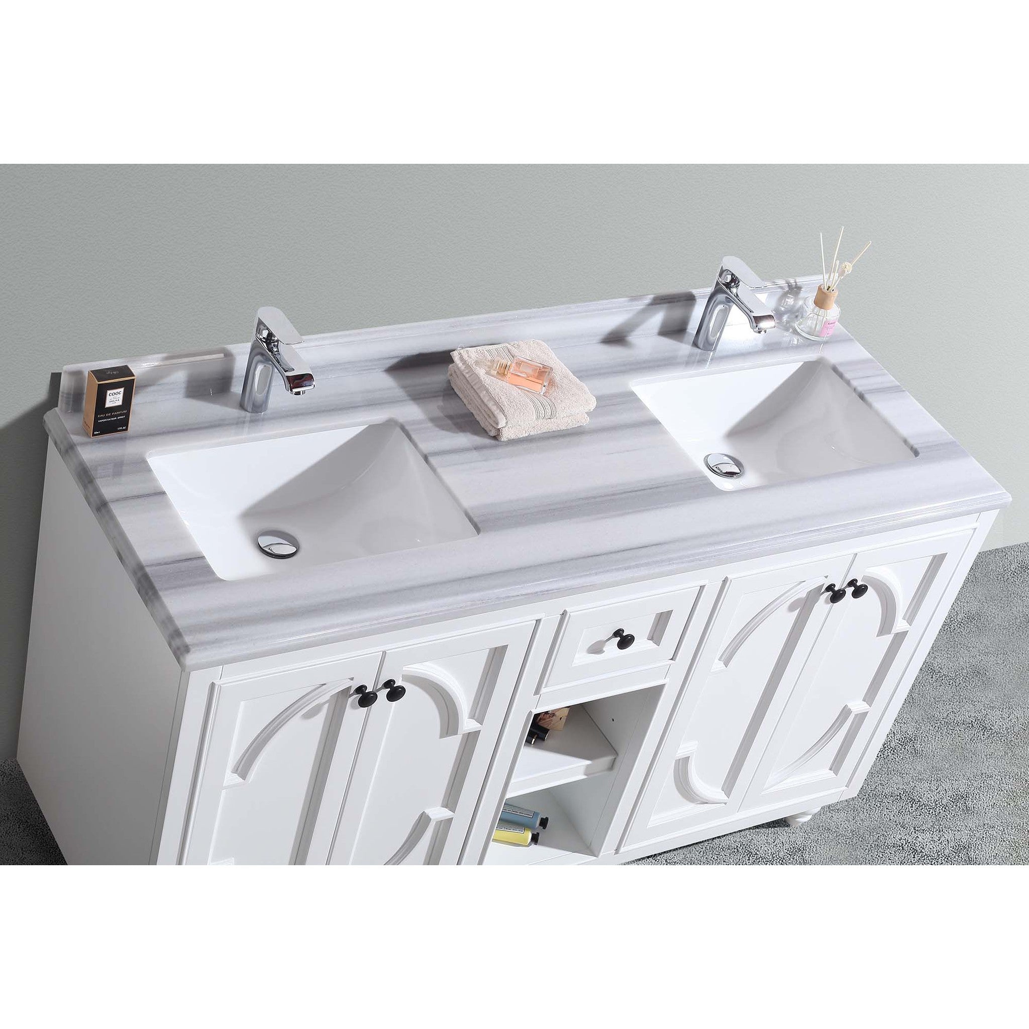 Odyssey 60" White Double Sink Bathroom Vanity with White Stripes Marble Countertop