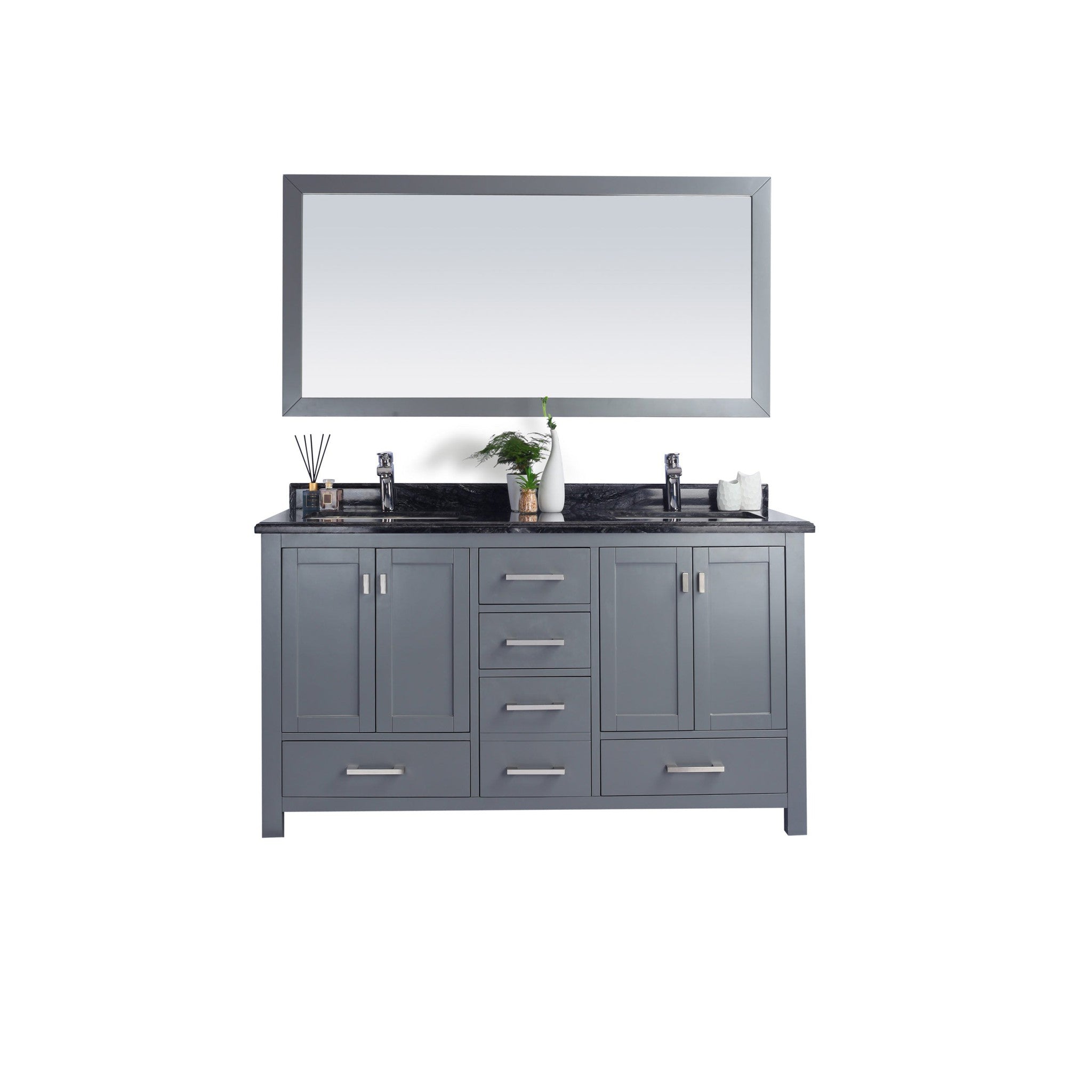 Wilson 60" Grey Double Sink Bathroom Vanity with Black Wood Marble Countertop