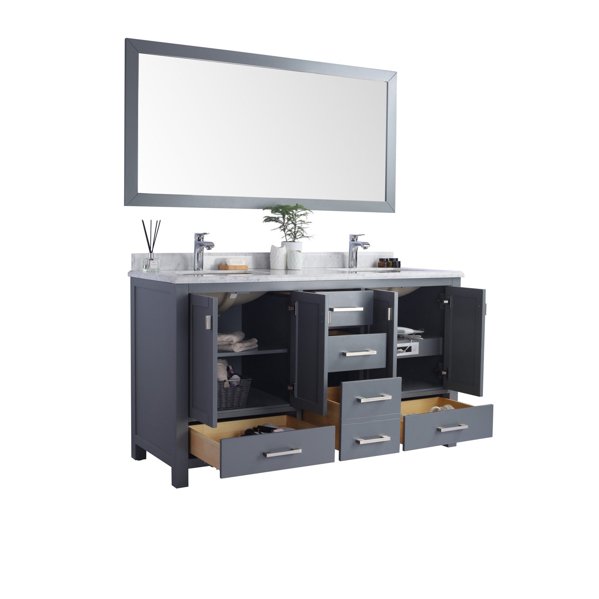 Wilson 60" Grey Double Sink Bathroom Vanity with Black Wood Marble Countertop