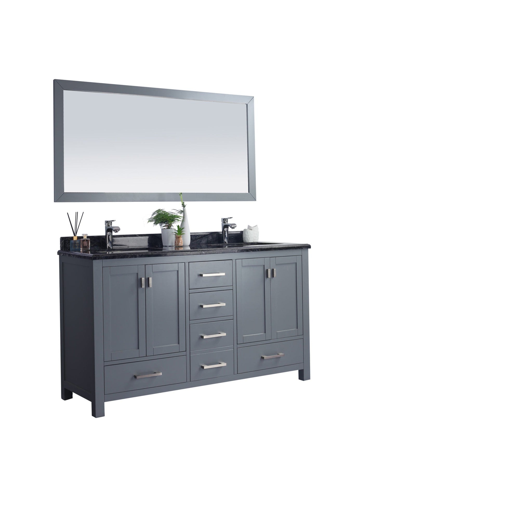 Wilson 60" Grey Double Sink Bathroom Vanity with Black Wood Marble Countertop