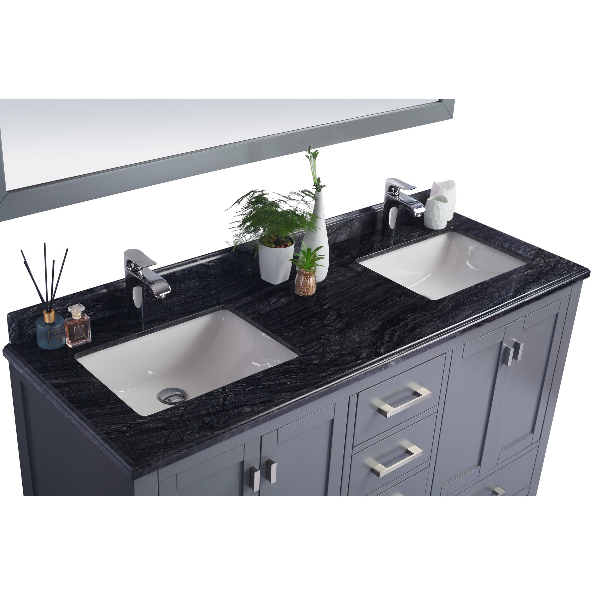 Wilson 60" Grey Double Sink Bathroom Vanity with Black Wood Marble Countertop