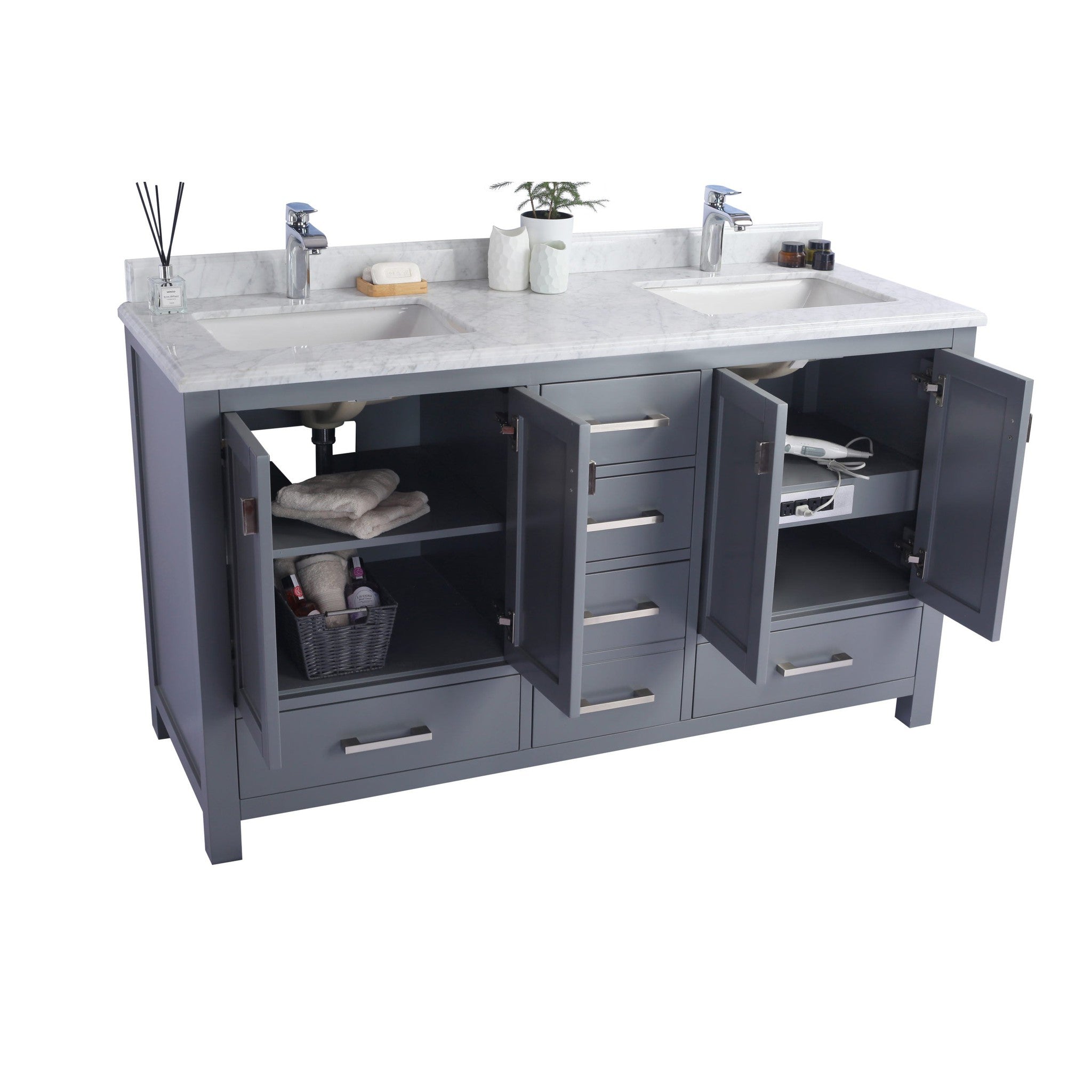 Wilson 60" Grey Double Sink Bathroom Vanity with Black Wood Marble Countertop