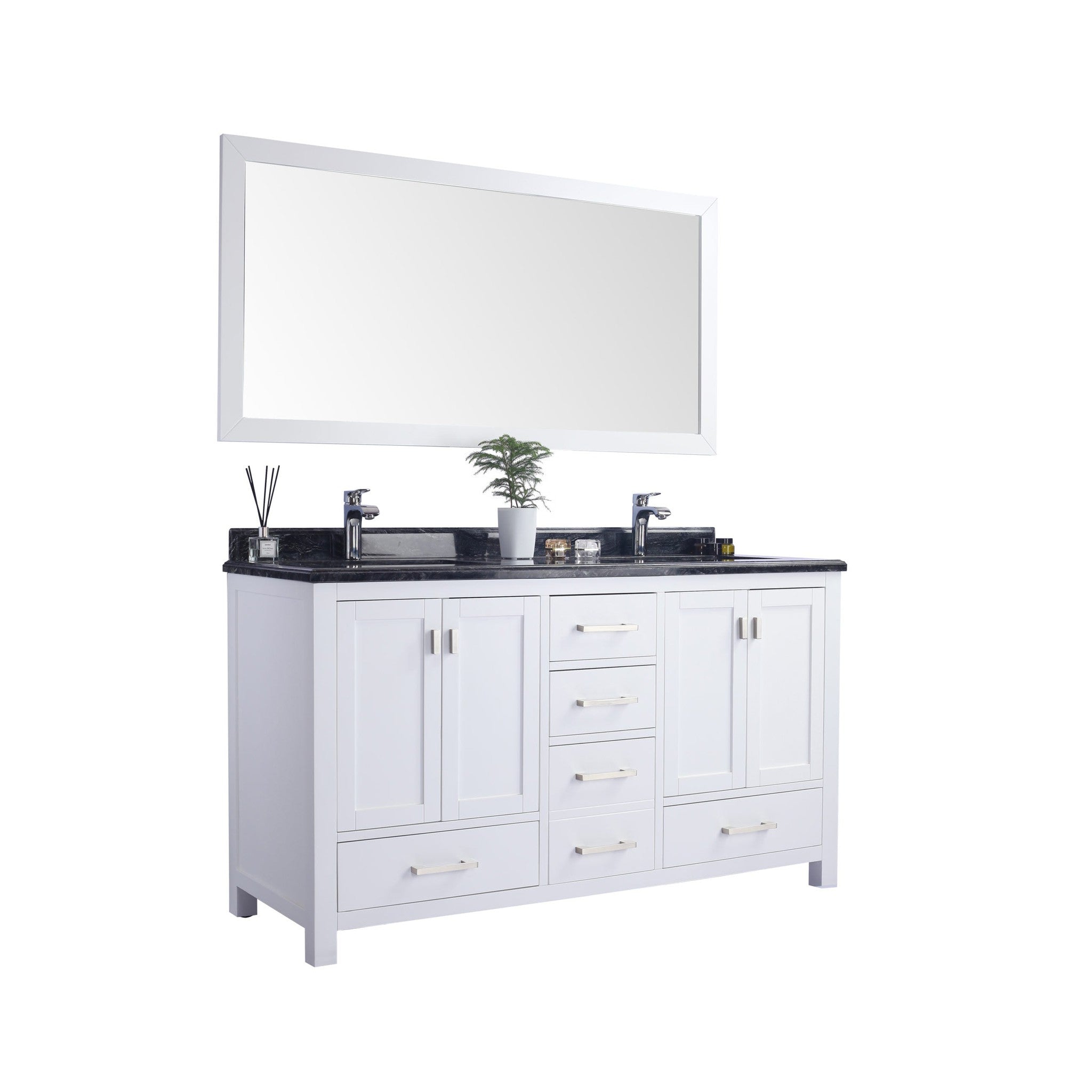 Wilson 60" White Double Sink Bathroom Vanity with Black Wood Marble Countertop