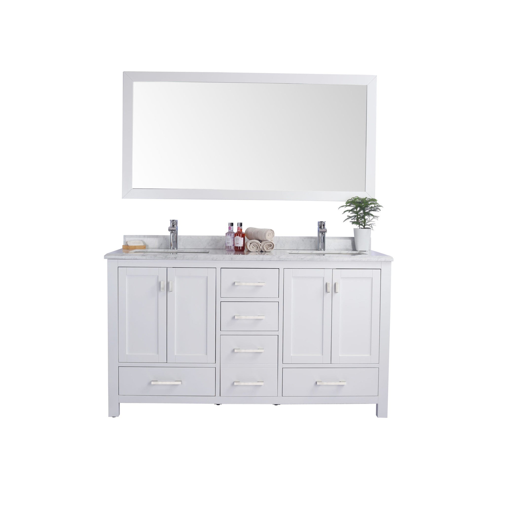 Wilson 60" White Double Sink Bathroom Vanity with White Carrara Marble Countertop