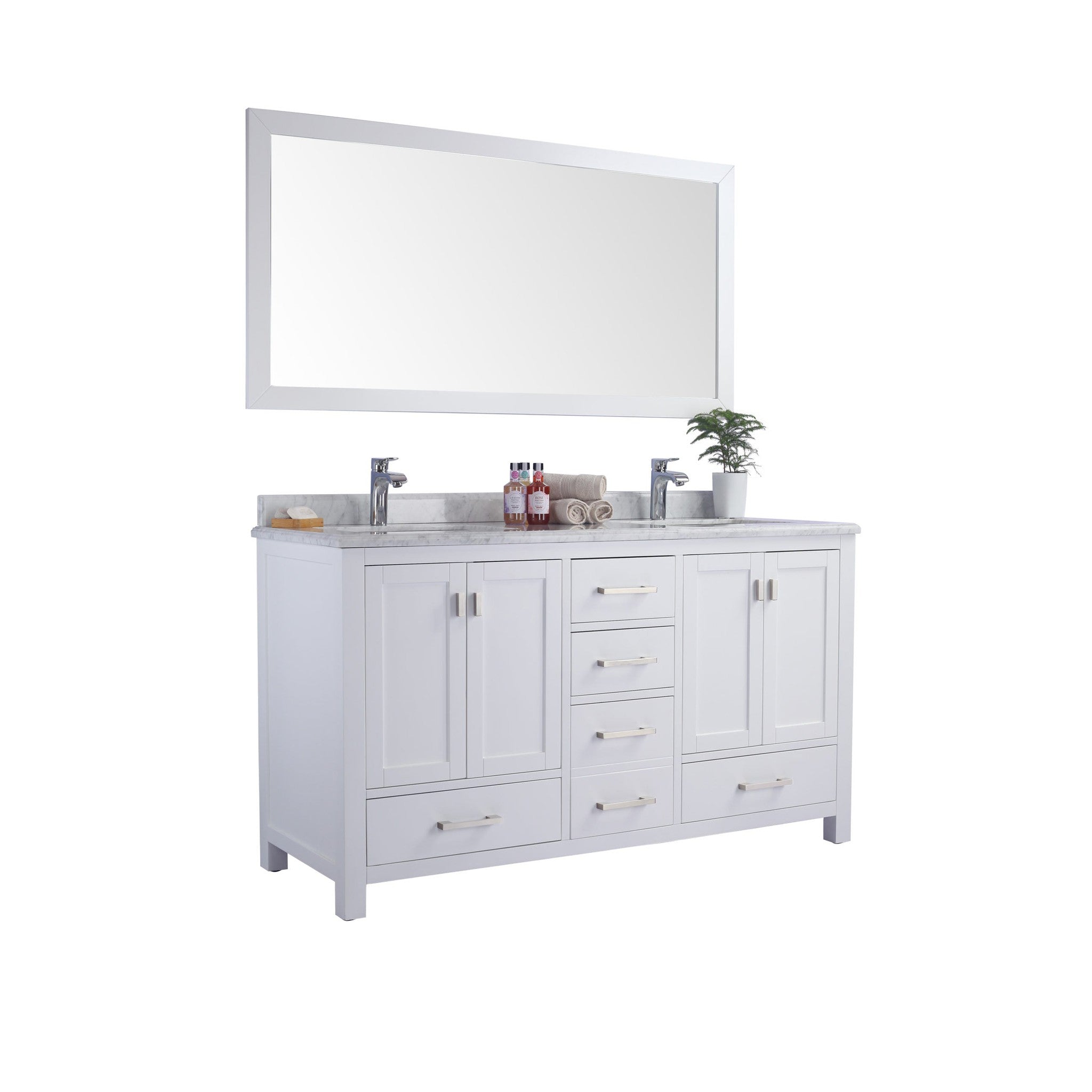 Wilson 60" White Double Sink Bathroom Vanity with White Carrara Marble Countertop