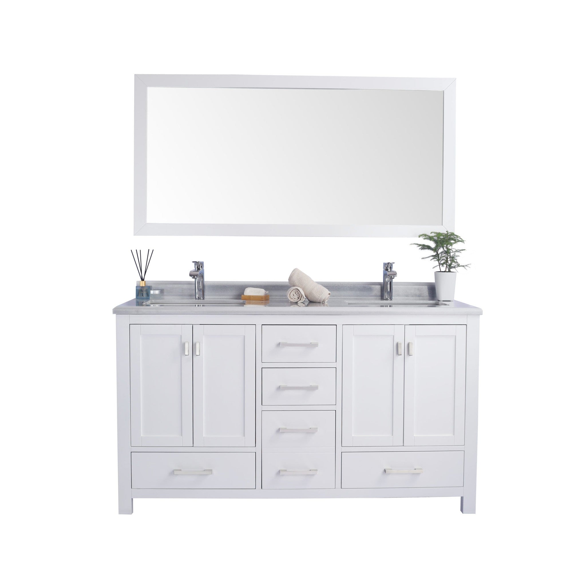 Wilson 60" White Double Sink Bathroom Vanity with White Stripes Marble Countertop