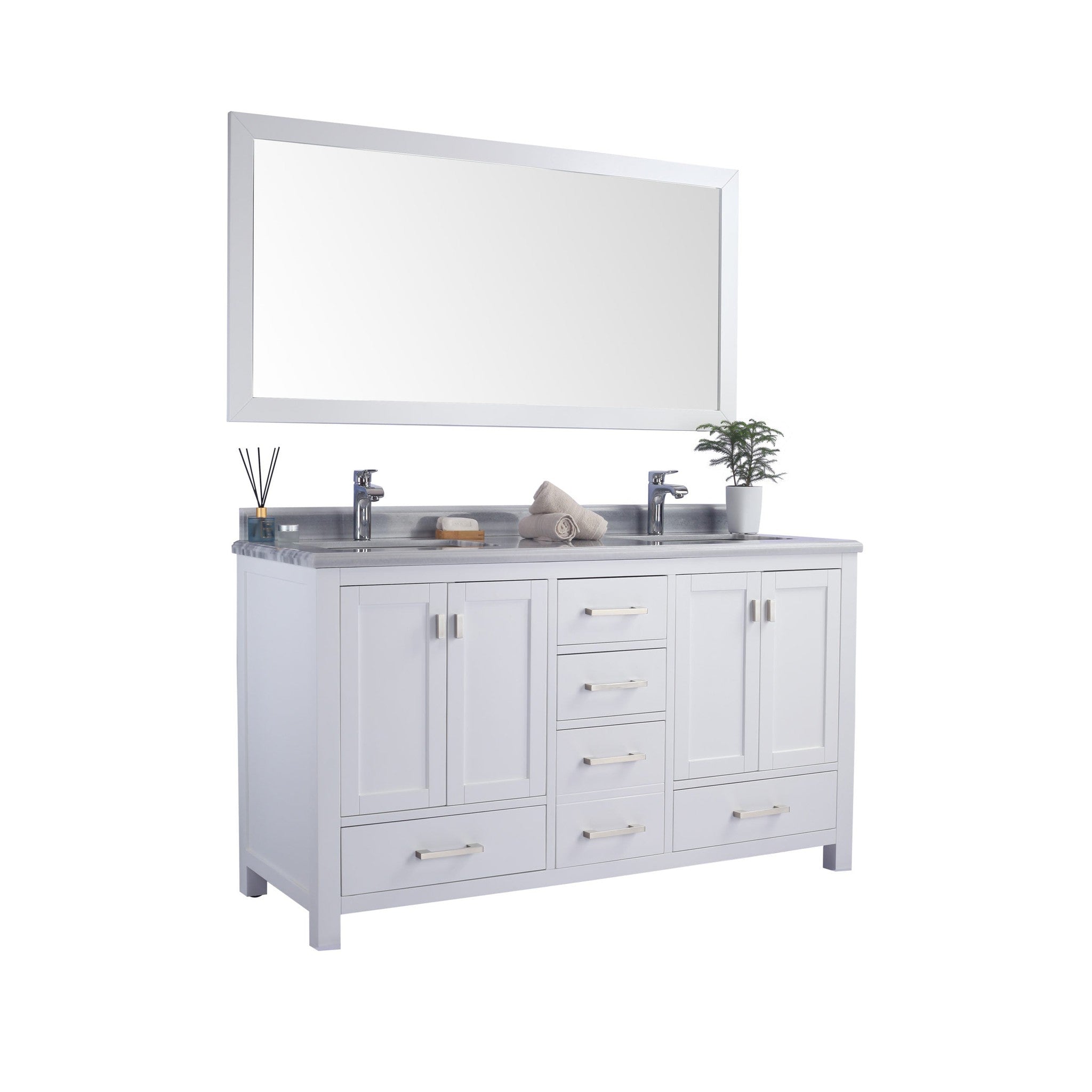 Wilson 60" White Double Sink Bathroom Vanity with White Stripes Marble Countertop