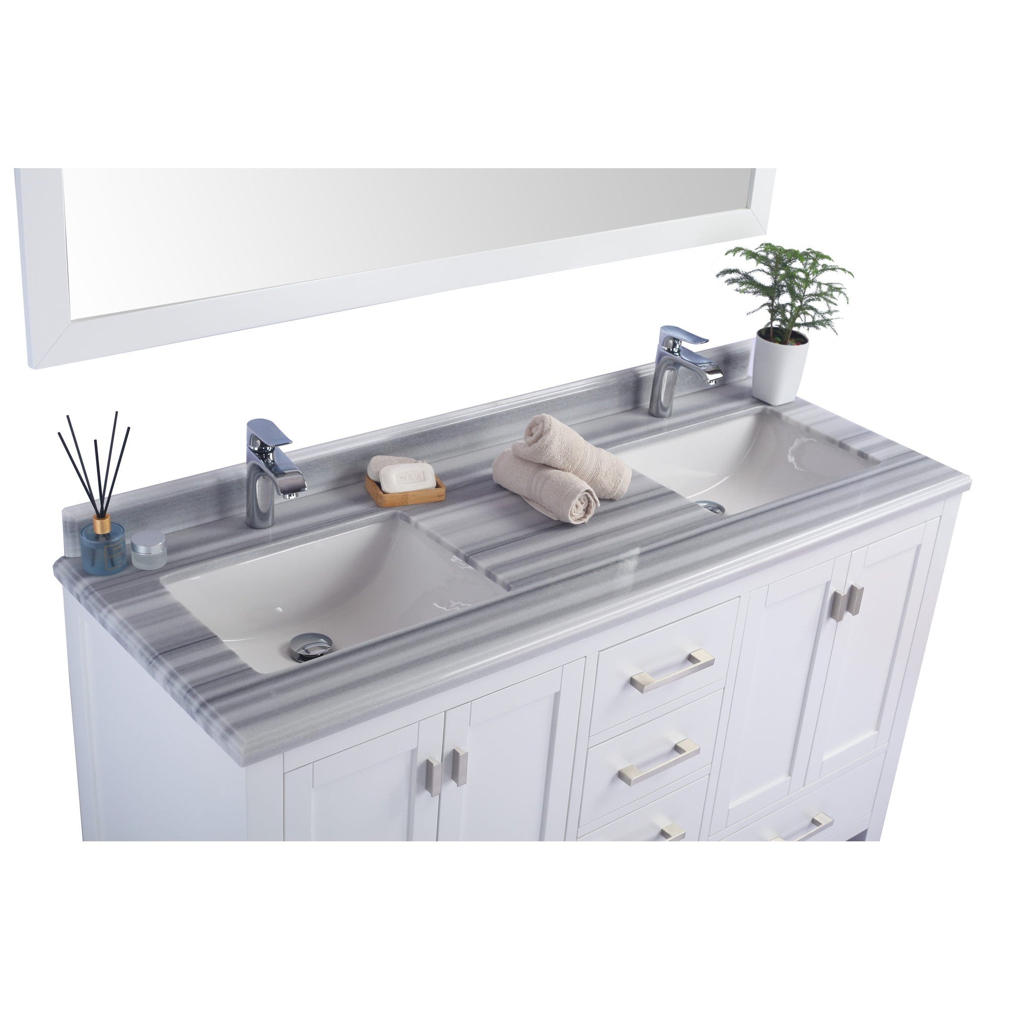 Wilson 60" White Double Sink Bathroom Vanity with White Stripes Marble Countertop