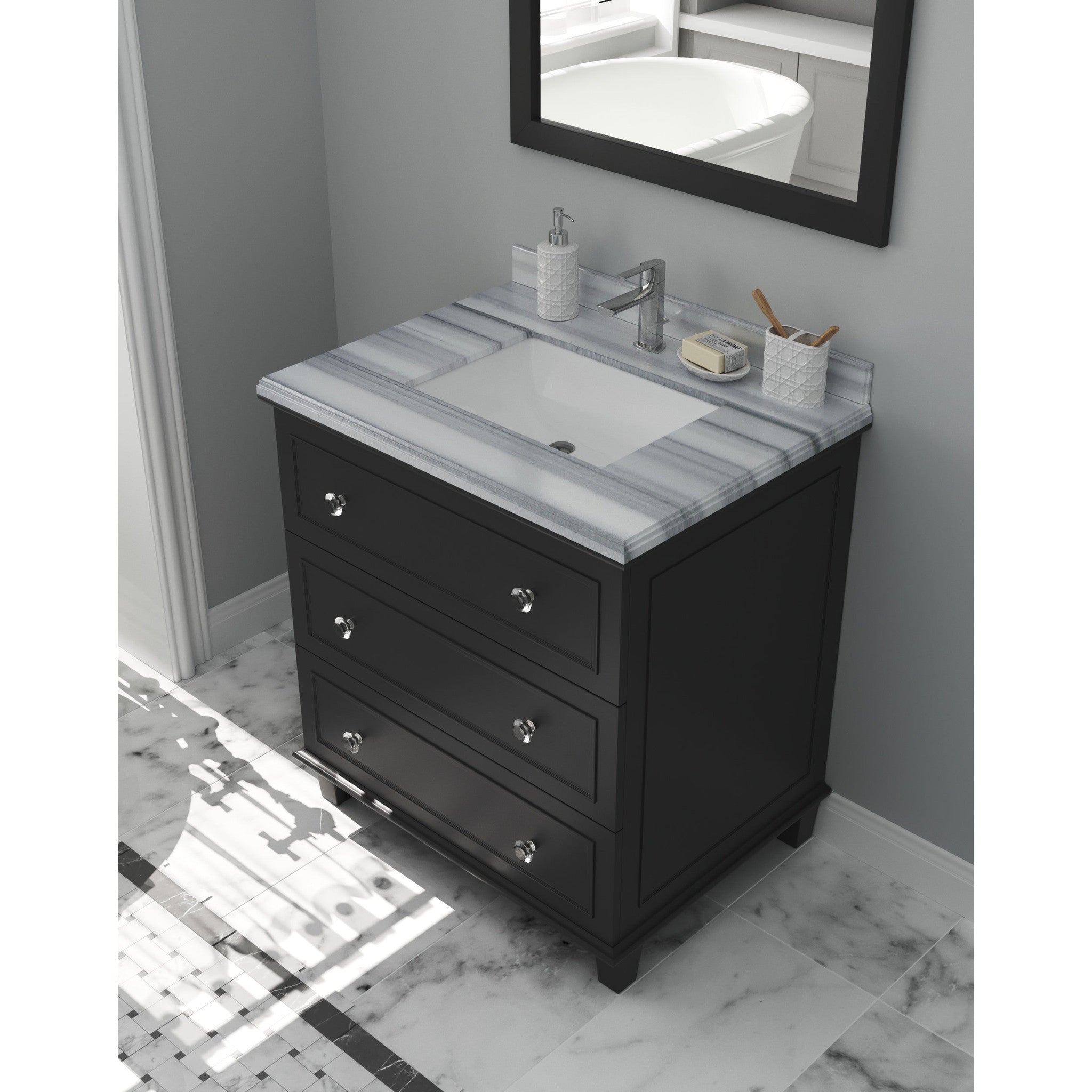 Luna 30" Espresso Bathroom Vanity with White Stripes Marble Countertop