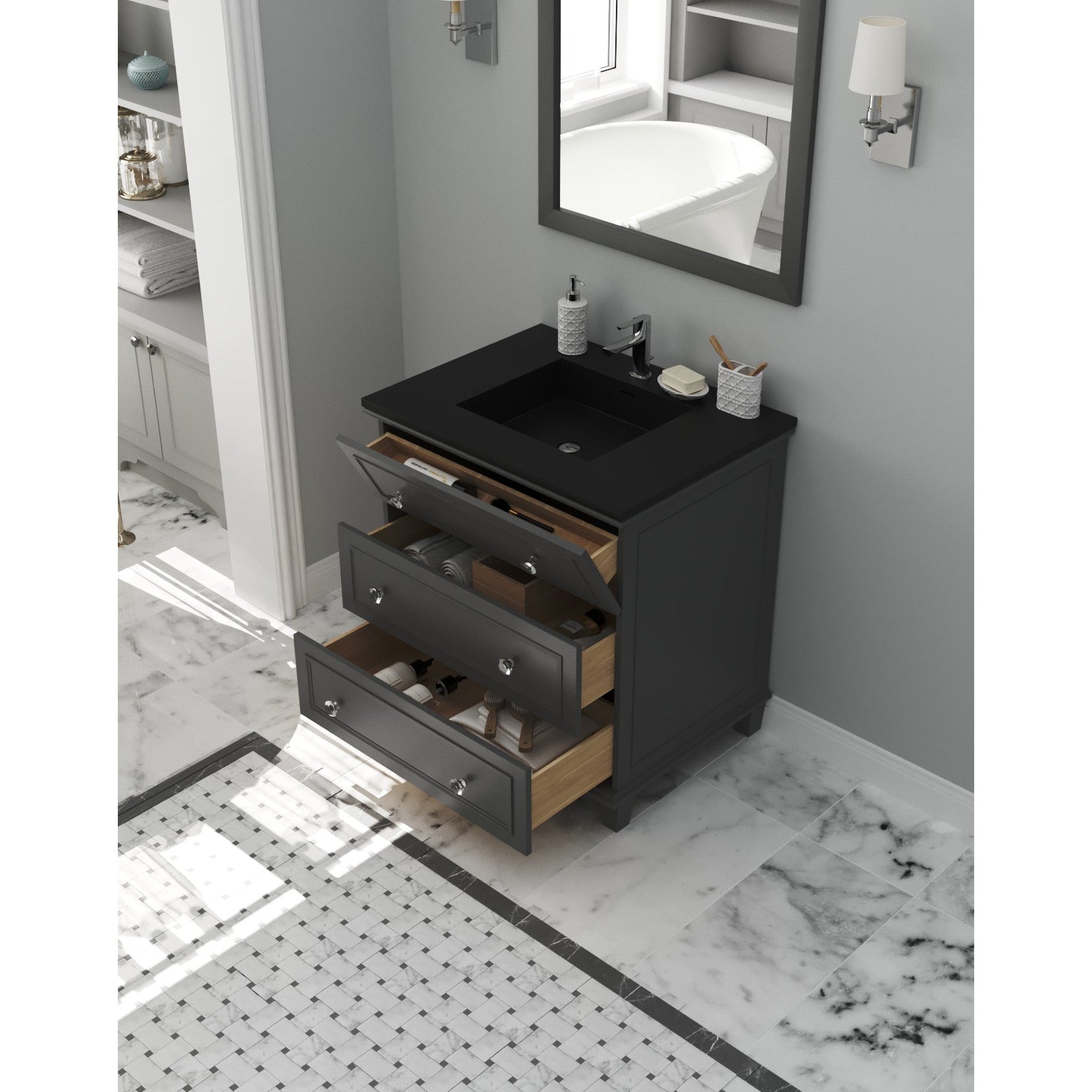 Luna 30" Maple Grey Bathroom Vanity with Matte Black VIVA Stone Solid Surface Countertop