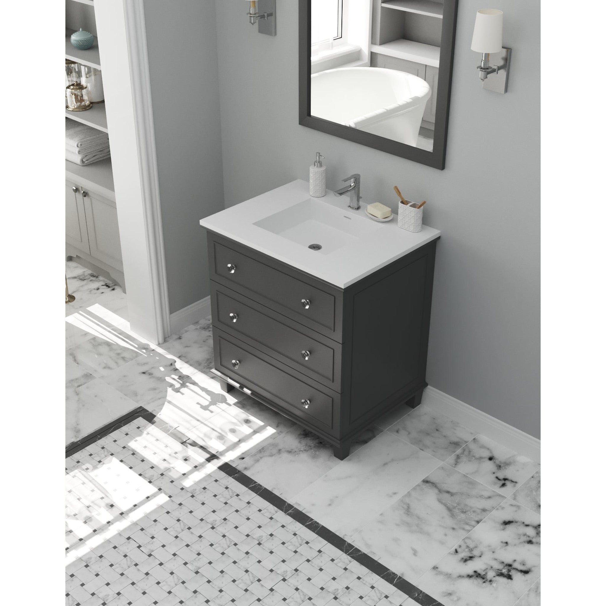 Luna 30" Maple Grey Bathroom Vanity with Matte White VIVA Stone Solid Surface Countertop