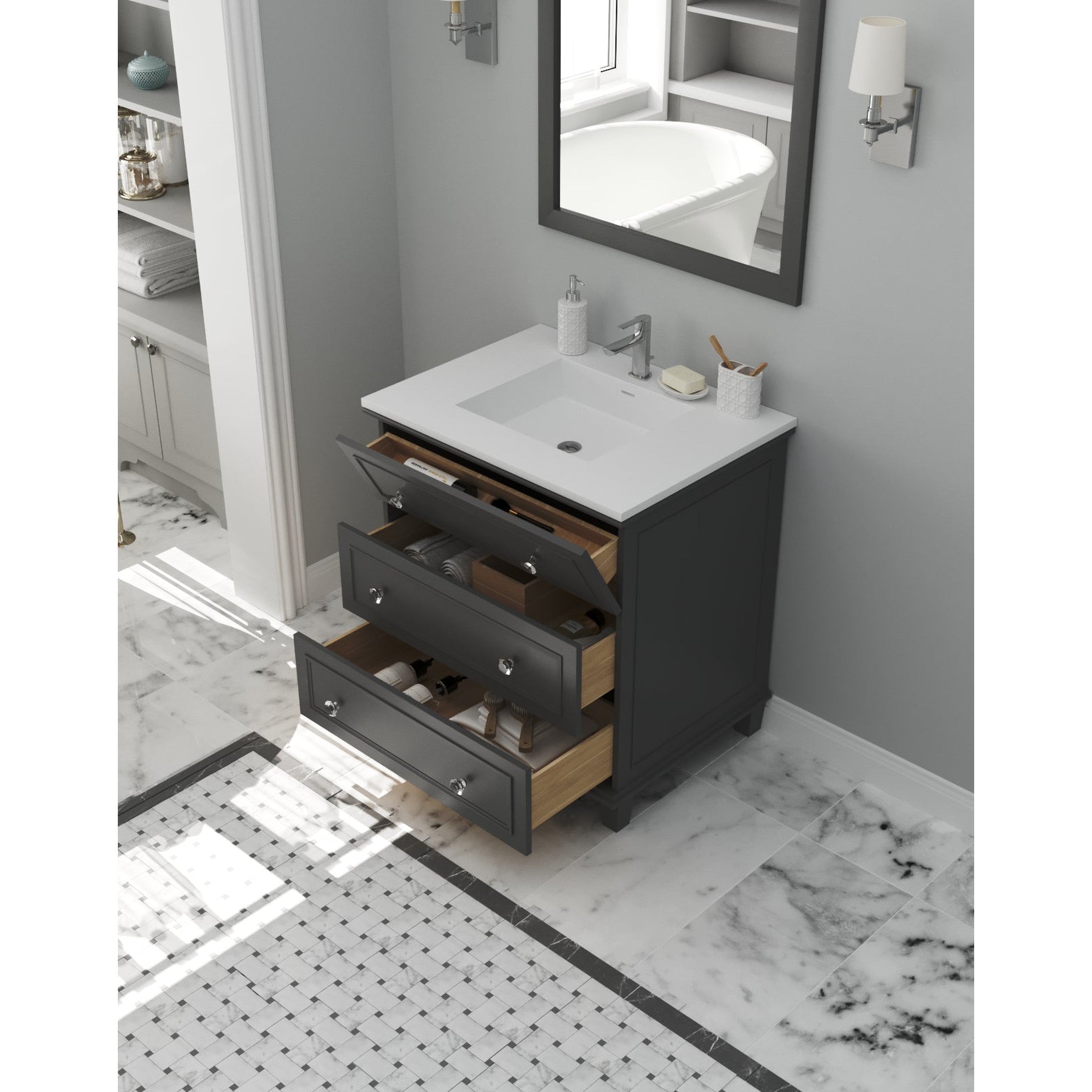 Luna 30" Maple Grey Bathroom Vanity with Matte White VIVA Stone Solid Surface Countertop