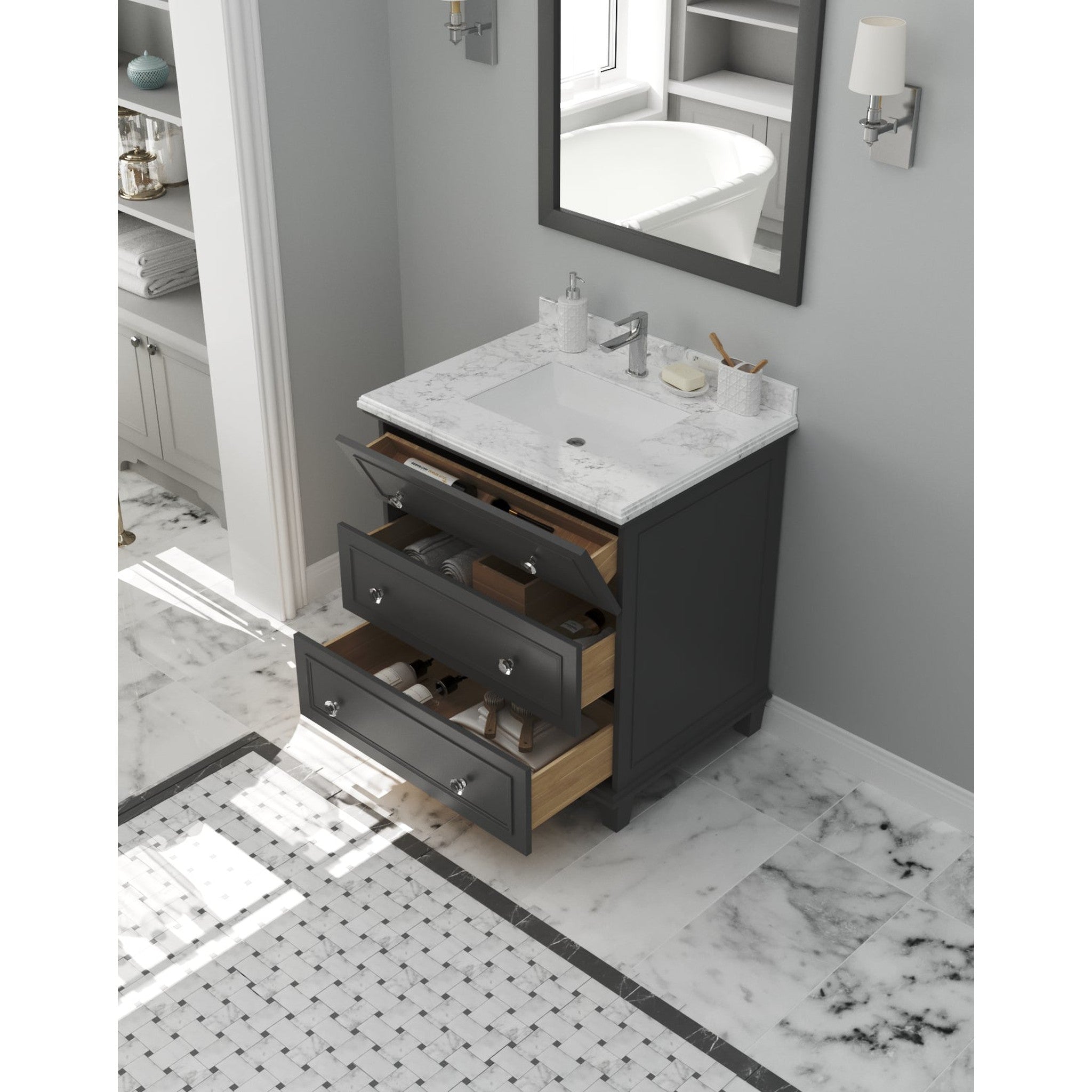 Luna 30" Maple Grey Bathroom Vanity with White Carrara Marble Countertop