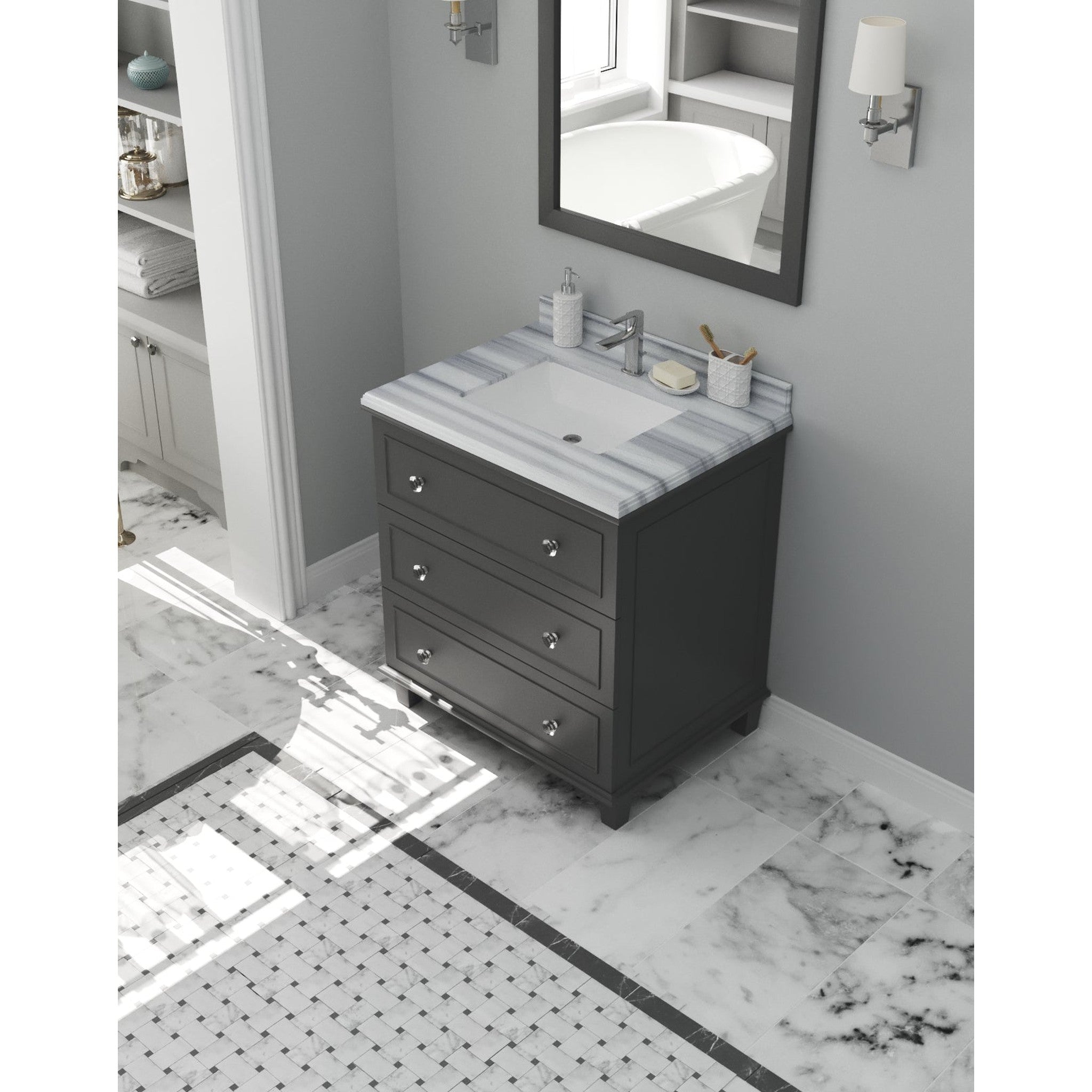 Luna 30" Maple Grey Bathroom Vanity with White Stripes Marble Countertop