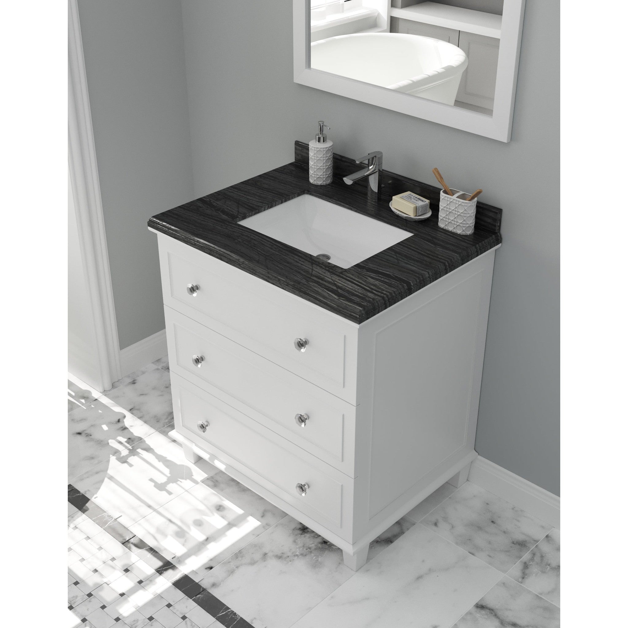 Luna 30" White Bathroom Vanity with Black Wood Marble Countertop