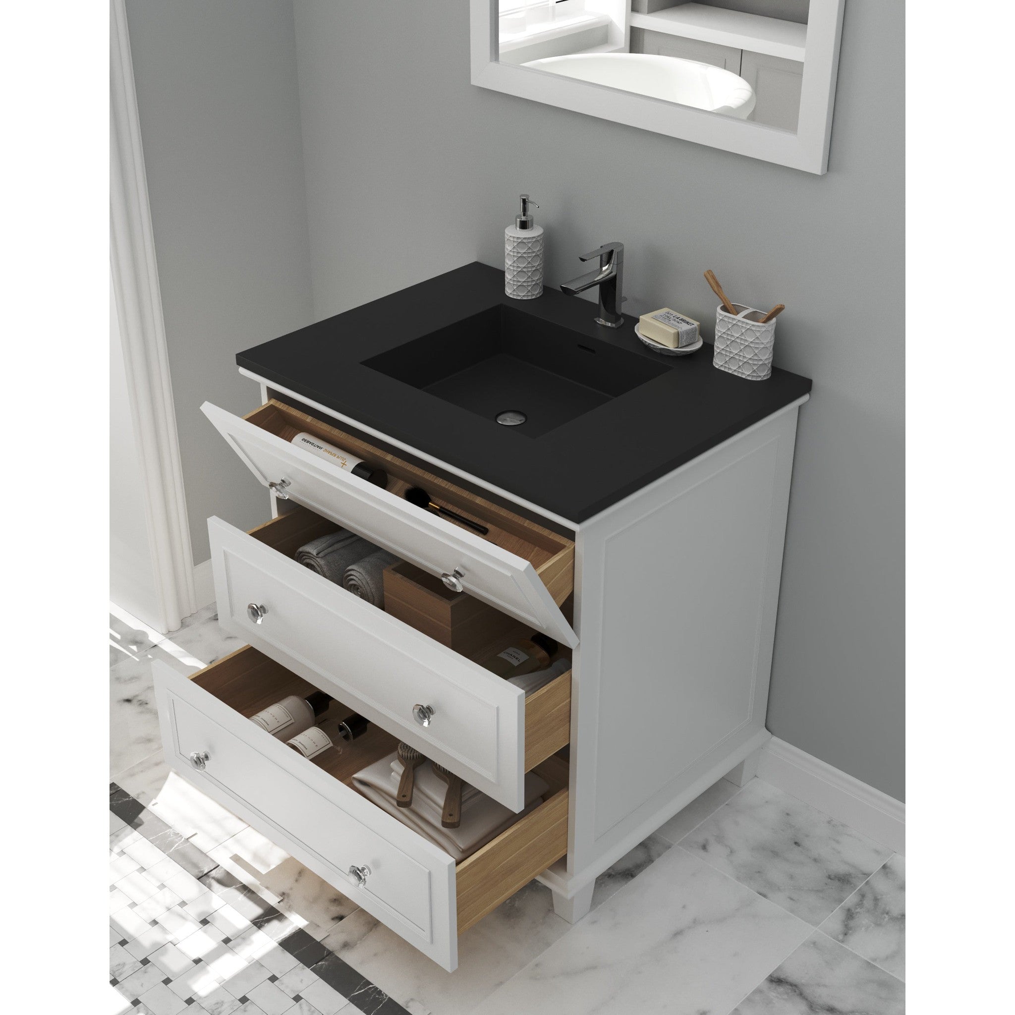 Luna 30" White Bathroom Vanity with Matte Black VIVA Stone Solid Surface Countertop