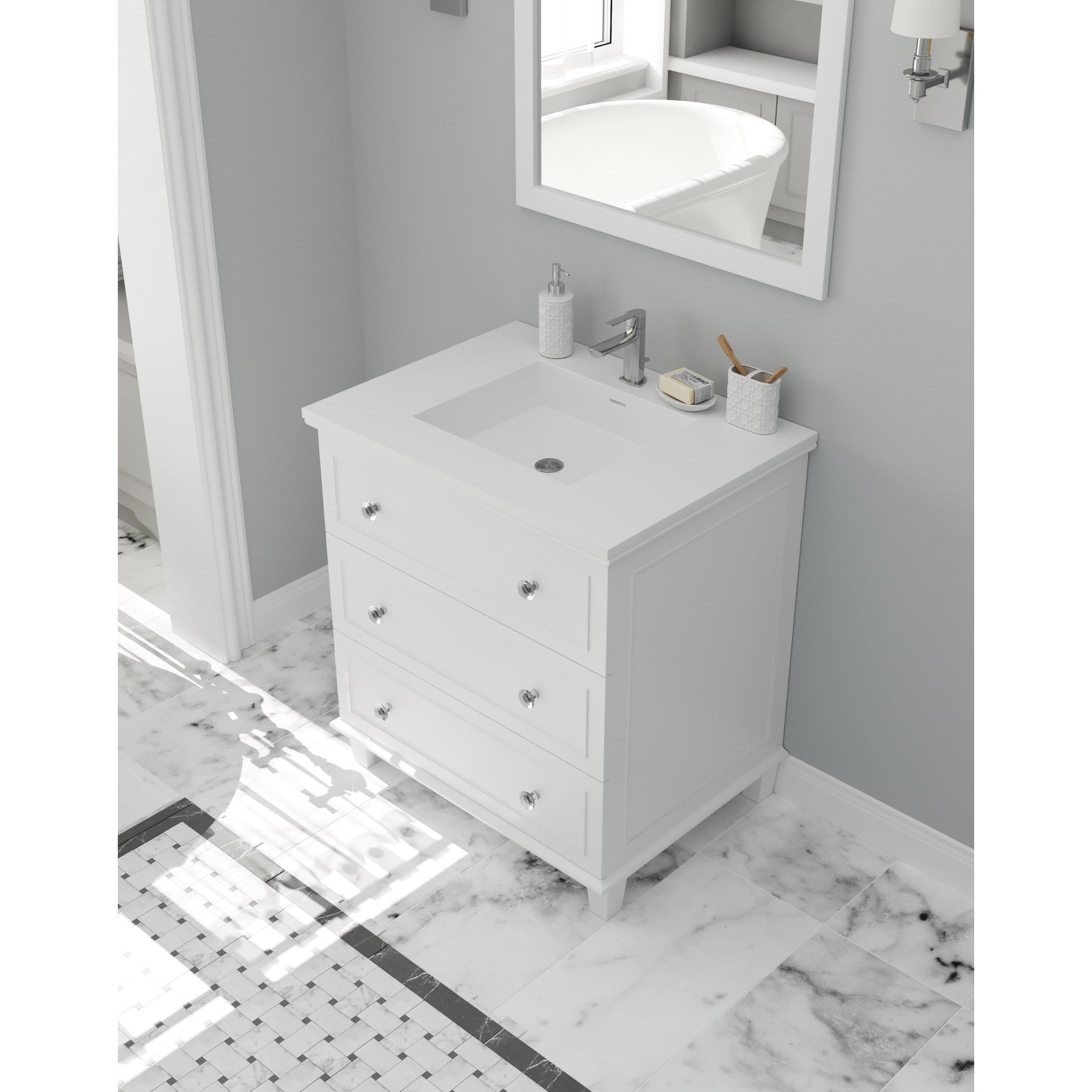 Luna 30" White Bathroom Vanity with Matte White VIVA Stone Solid Surface Countertop