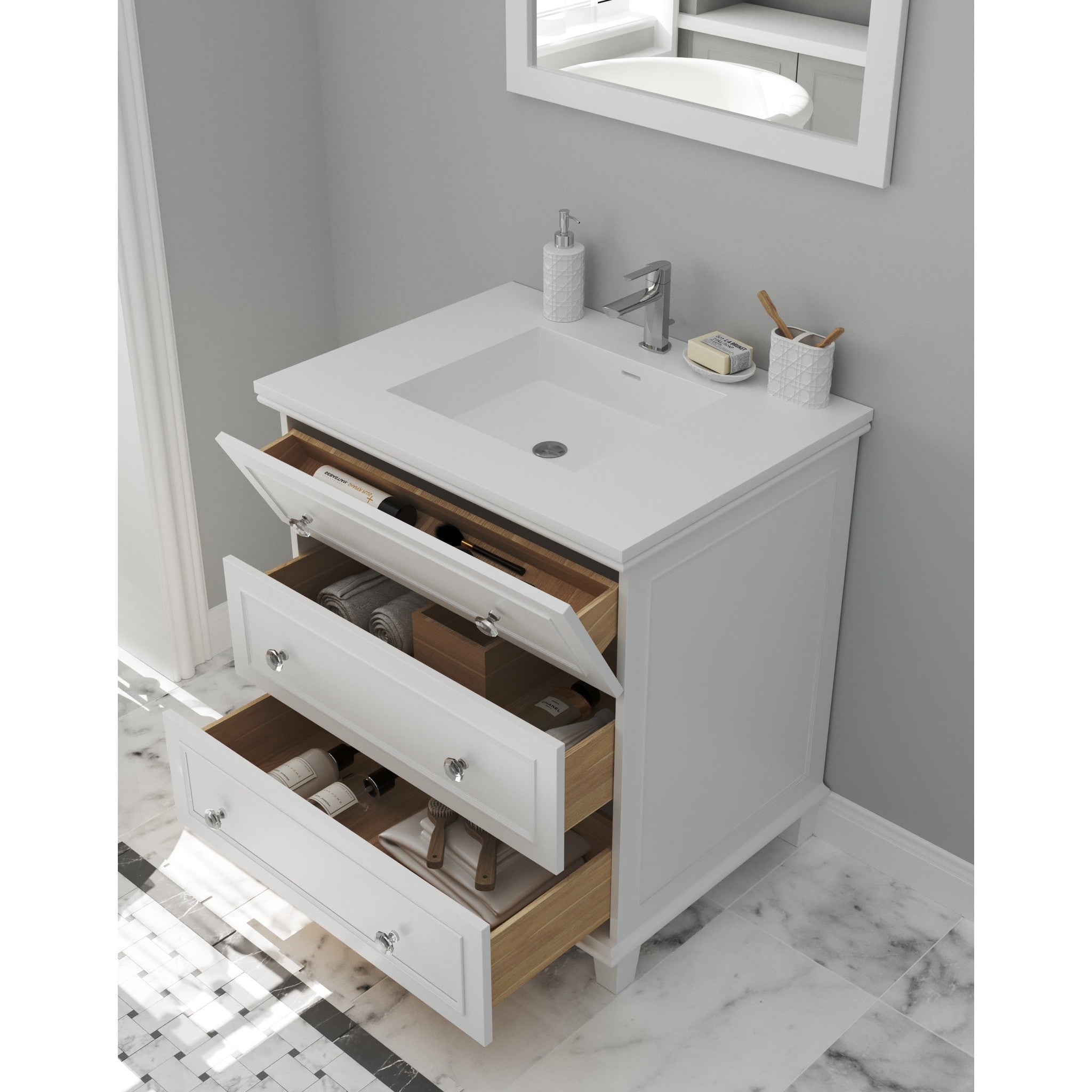 Luna 30" White Bathroom Vanity with Matte White VIVA Stone Solid Surface Countertop