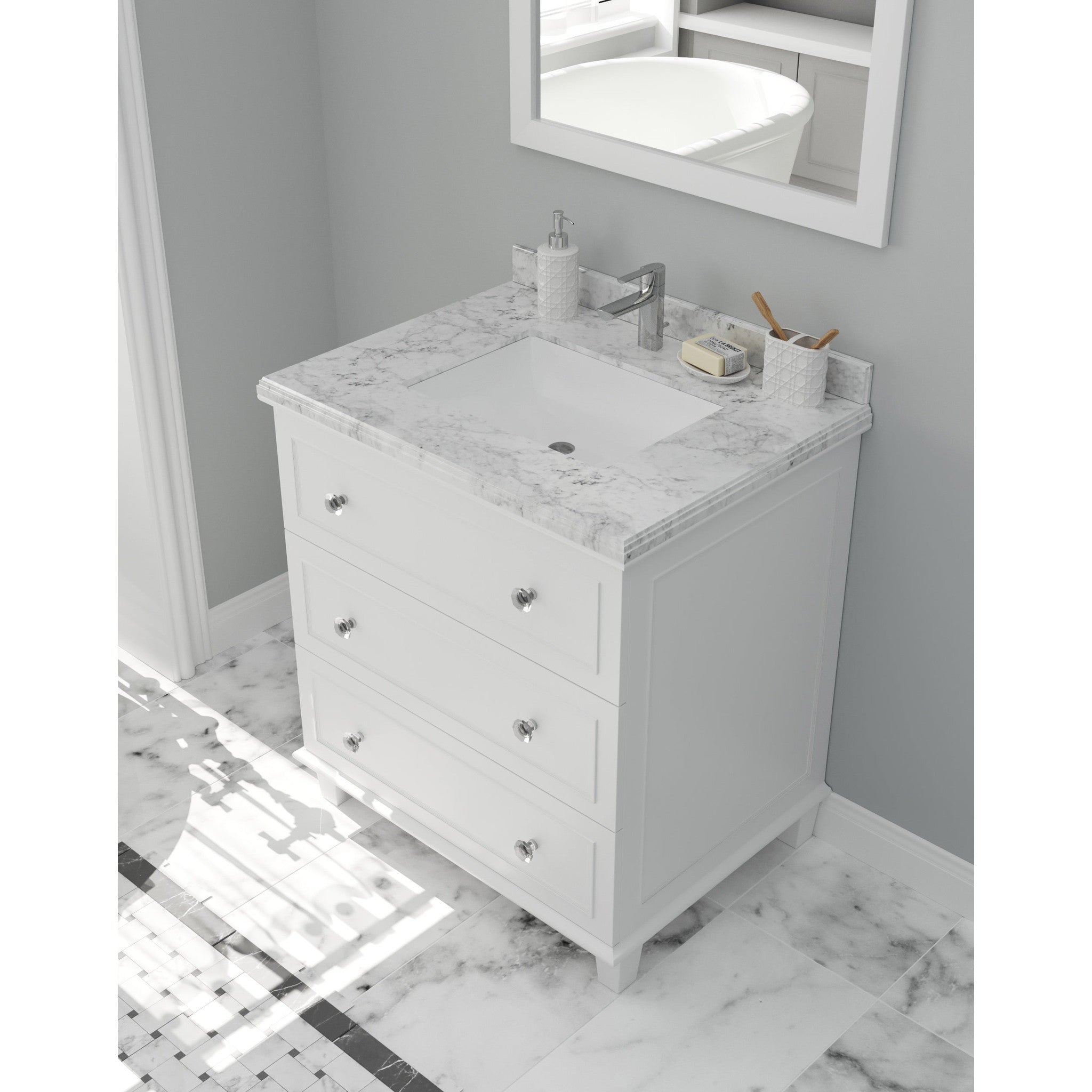 Luna 30" White Bathroom Vanity with White Carrara Marble Countertop