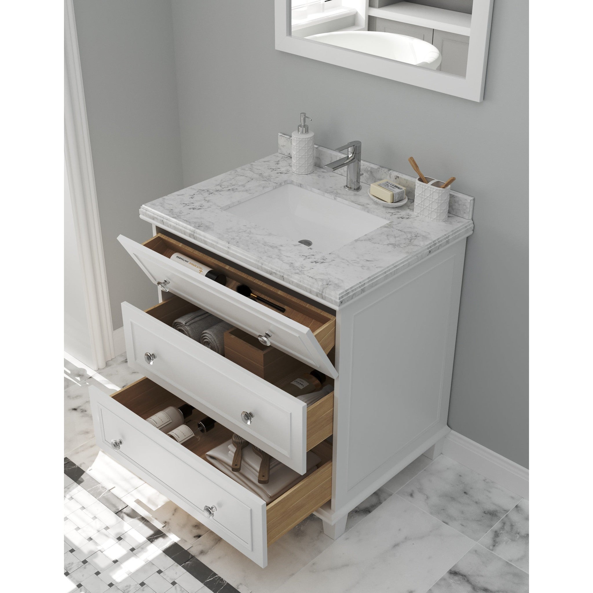 Luna 30" White Bathroom Vanity with White Carrara Marble Countertop