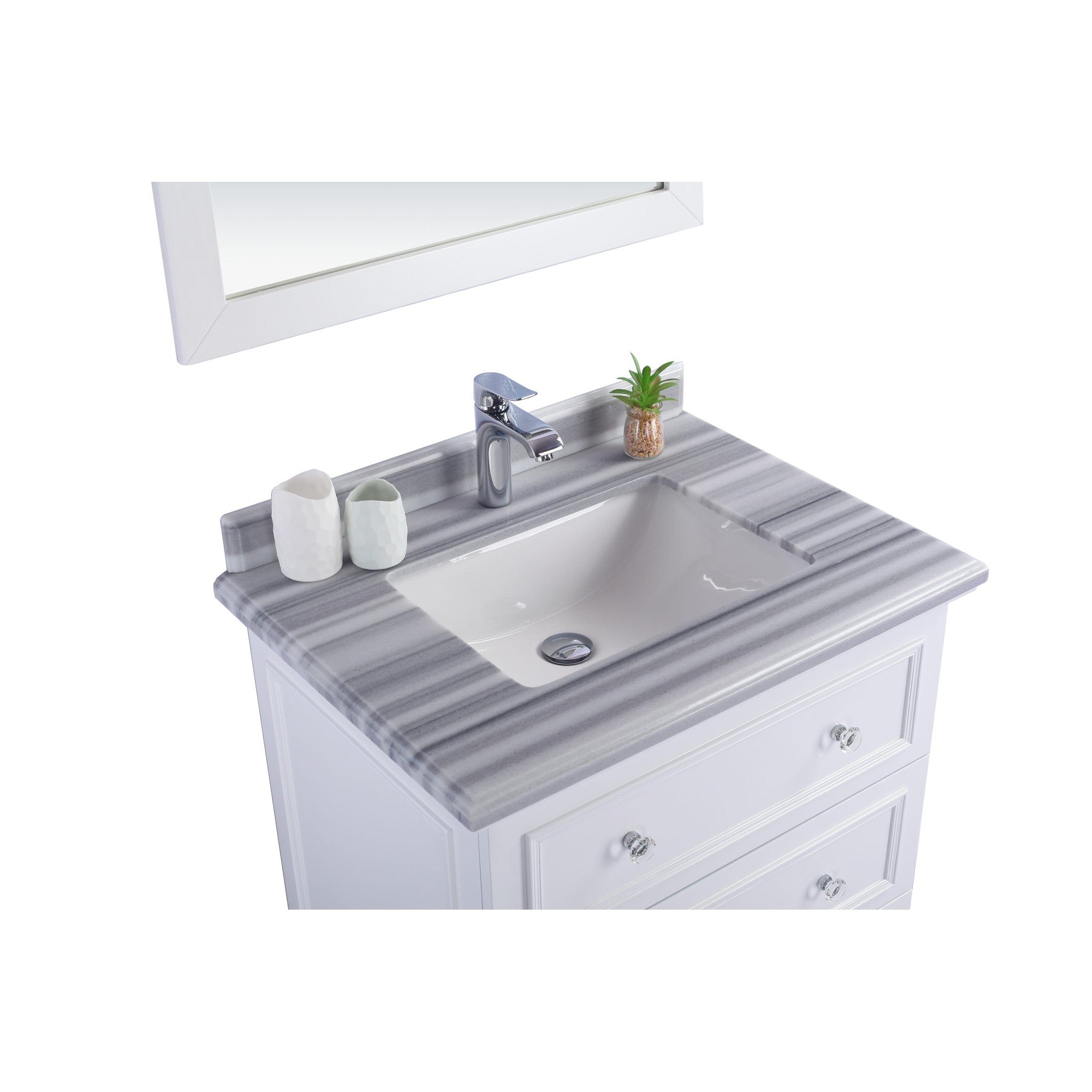 Luna 30" White Bathroom Vanity with White Stripes Marble Countertop