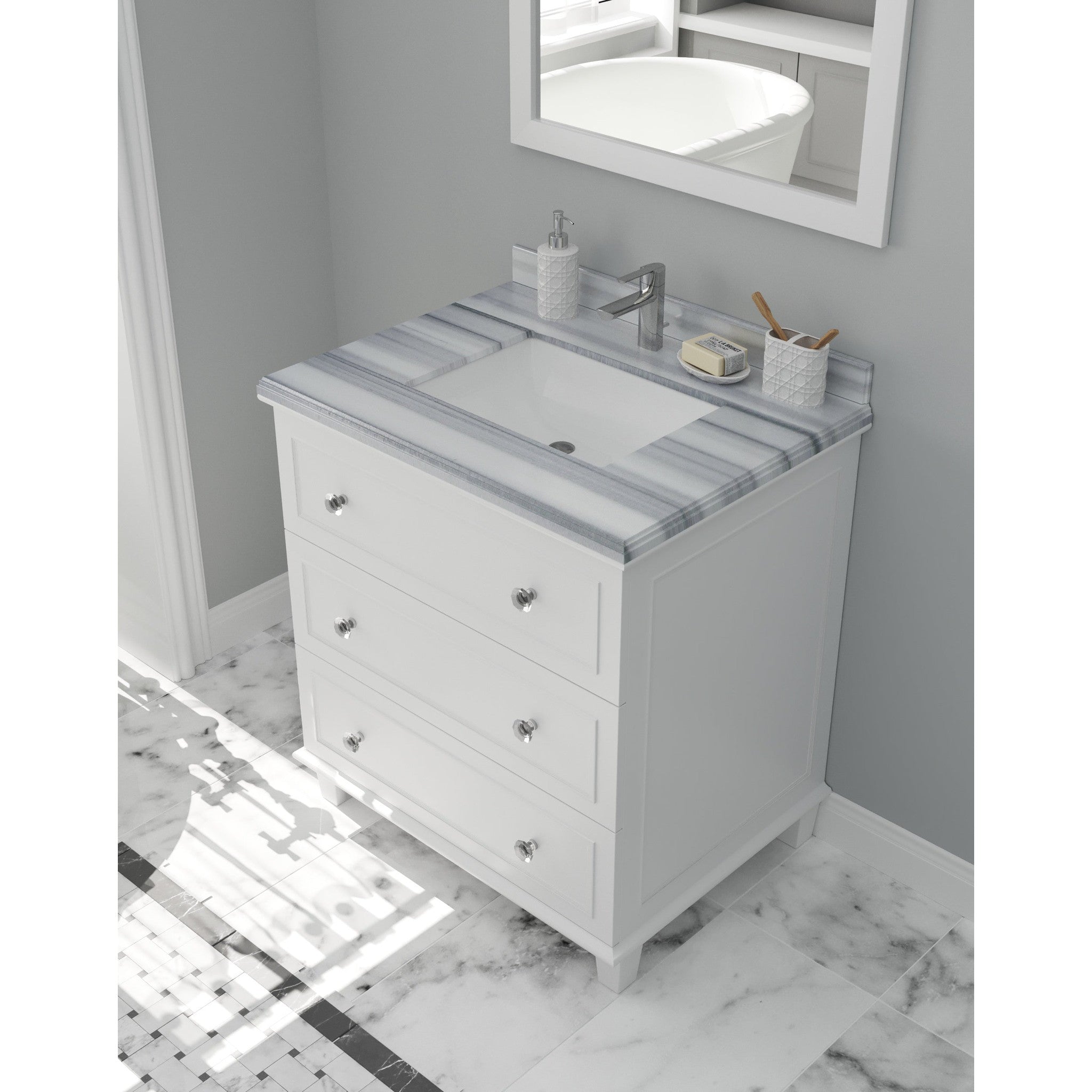 Luna 30" White Bathroom Vanity with White Stripes Marble Countertop