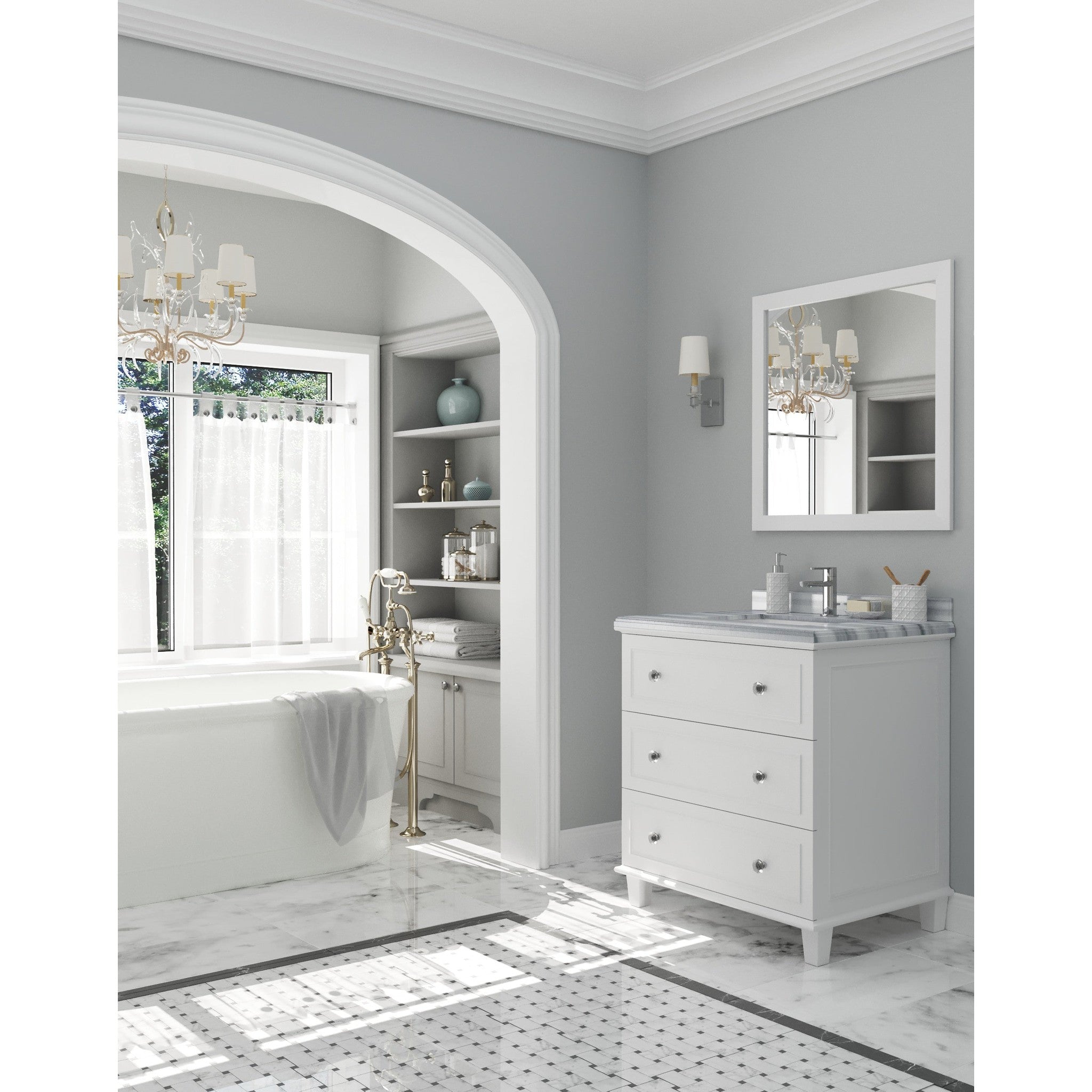 Luna 30" White Bathroom Vanity with White Stripes Marble Countertop