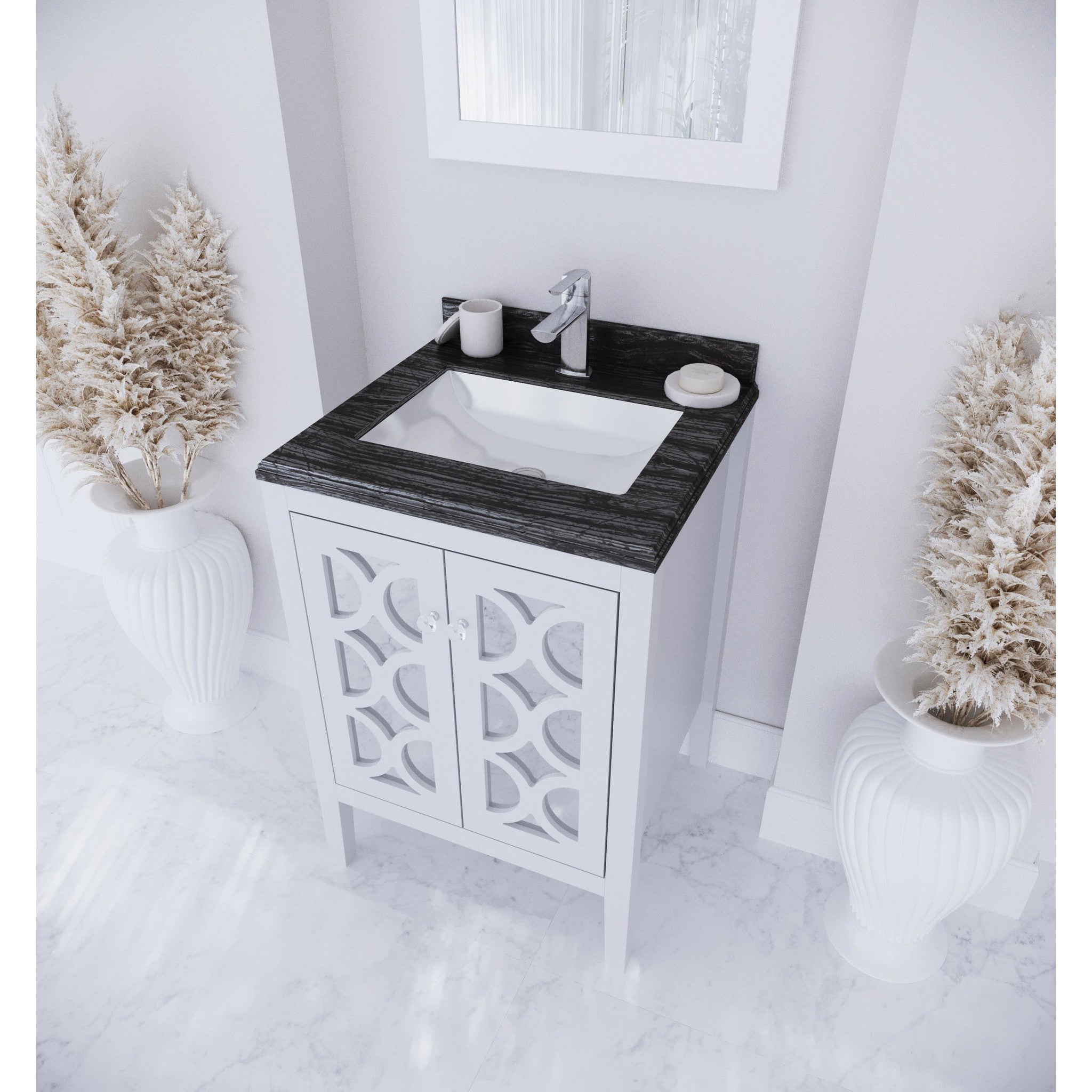 Mediterraneo 24" White Bathroom Vanity with Black Wood Marble Countertop