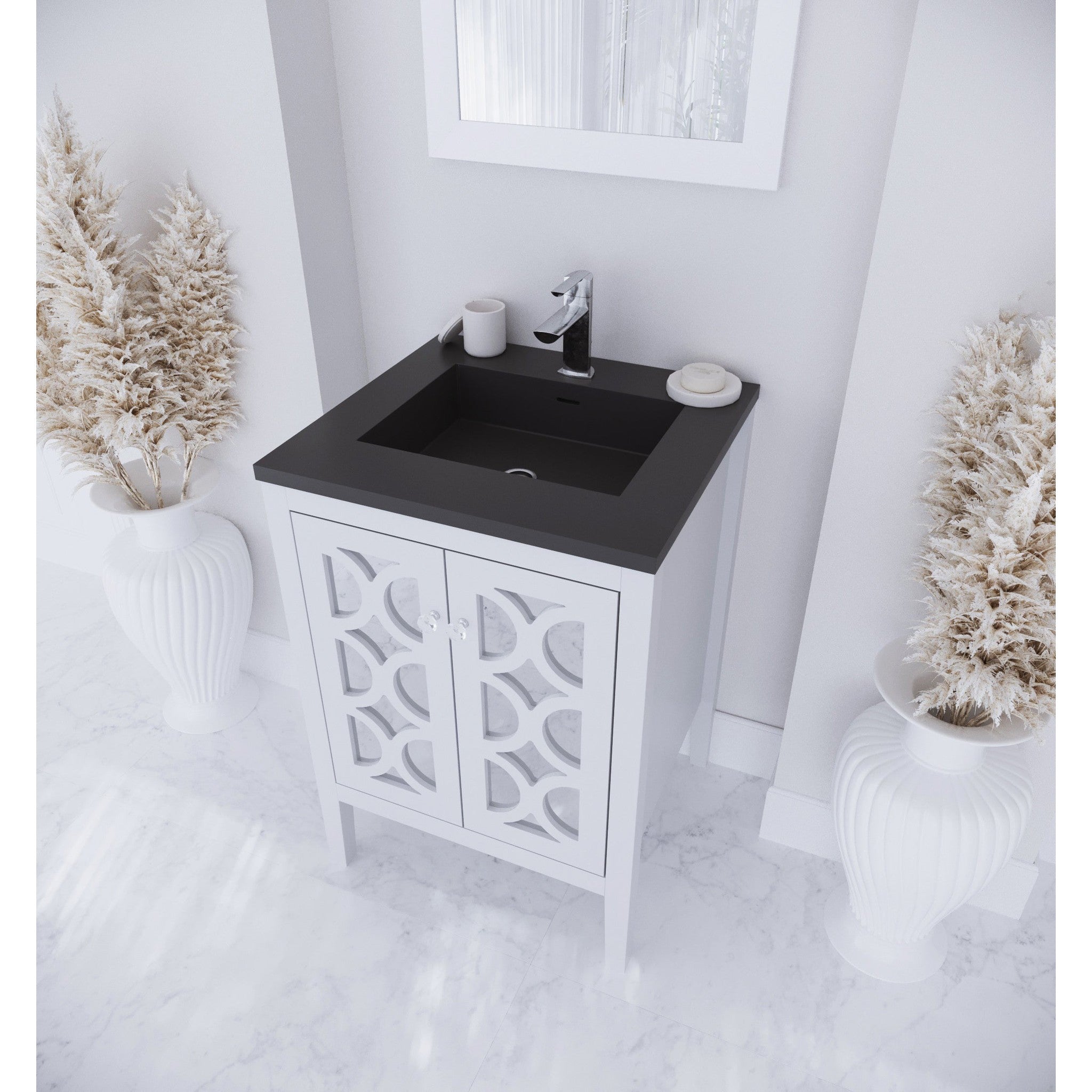 Mediterraneo 24" White Bathroom Vanity with Matte Black VIVA Stone Solid Surface Countertop