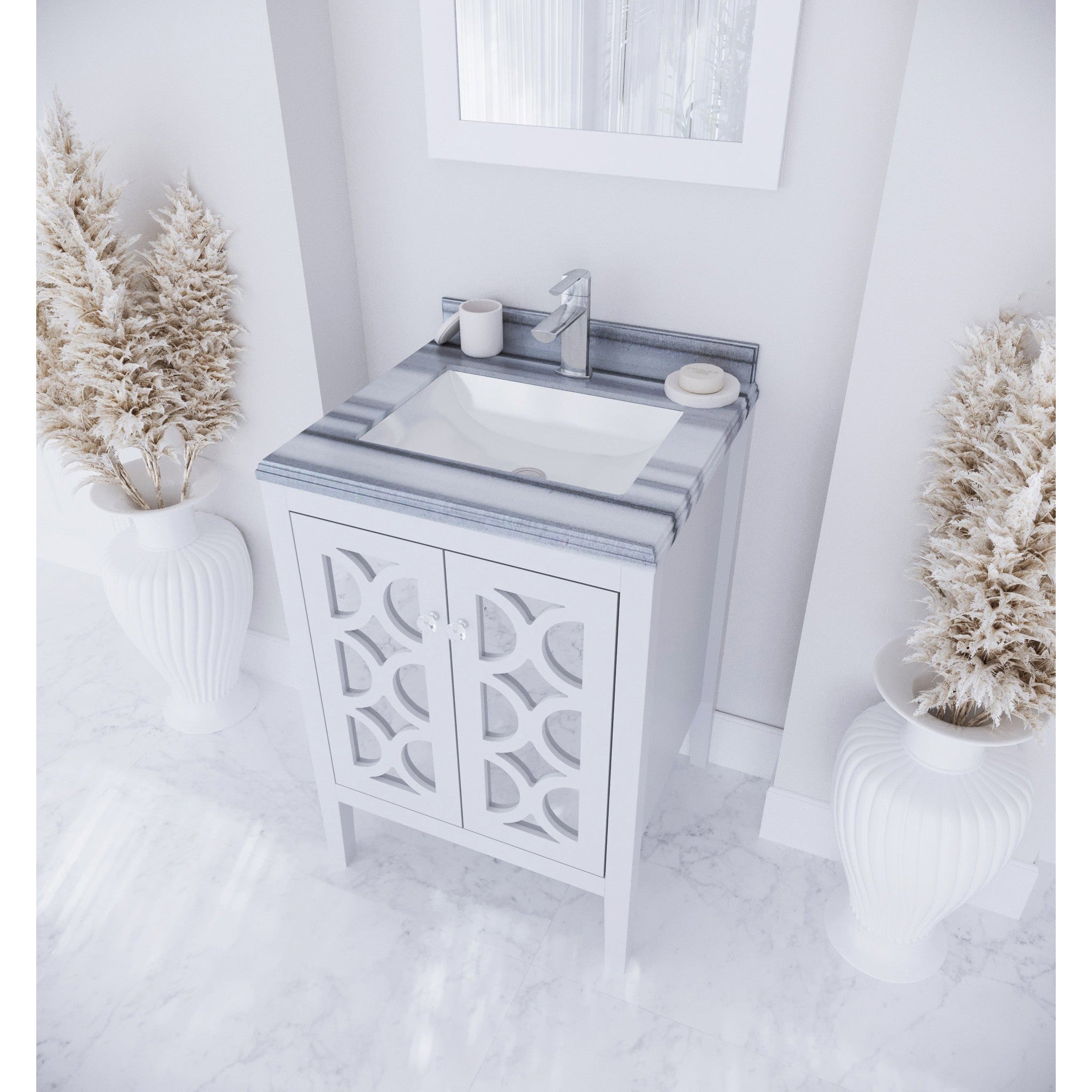 Mediterraneo 24" White Bathroom Vanity with White Stripes Marble Countertop