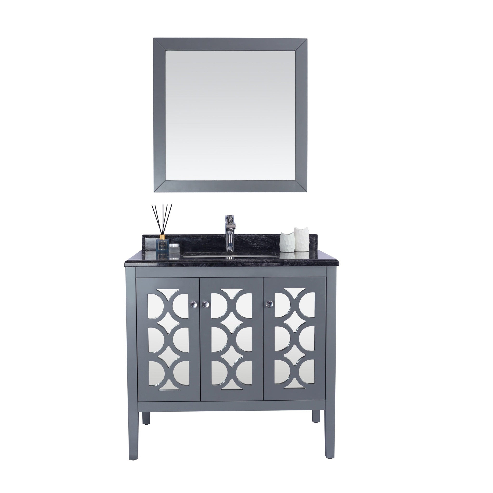 Mediterraneo 36" Grey Bathroom Vanity with Black Wood Marble Countertop