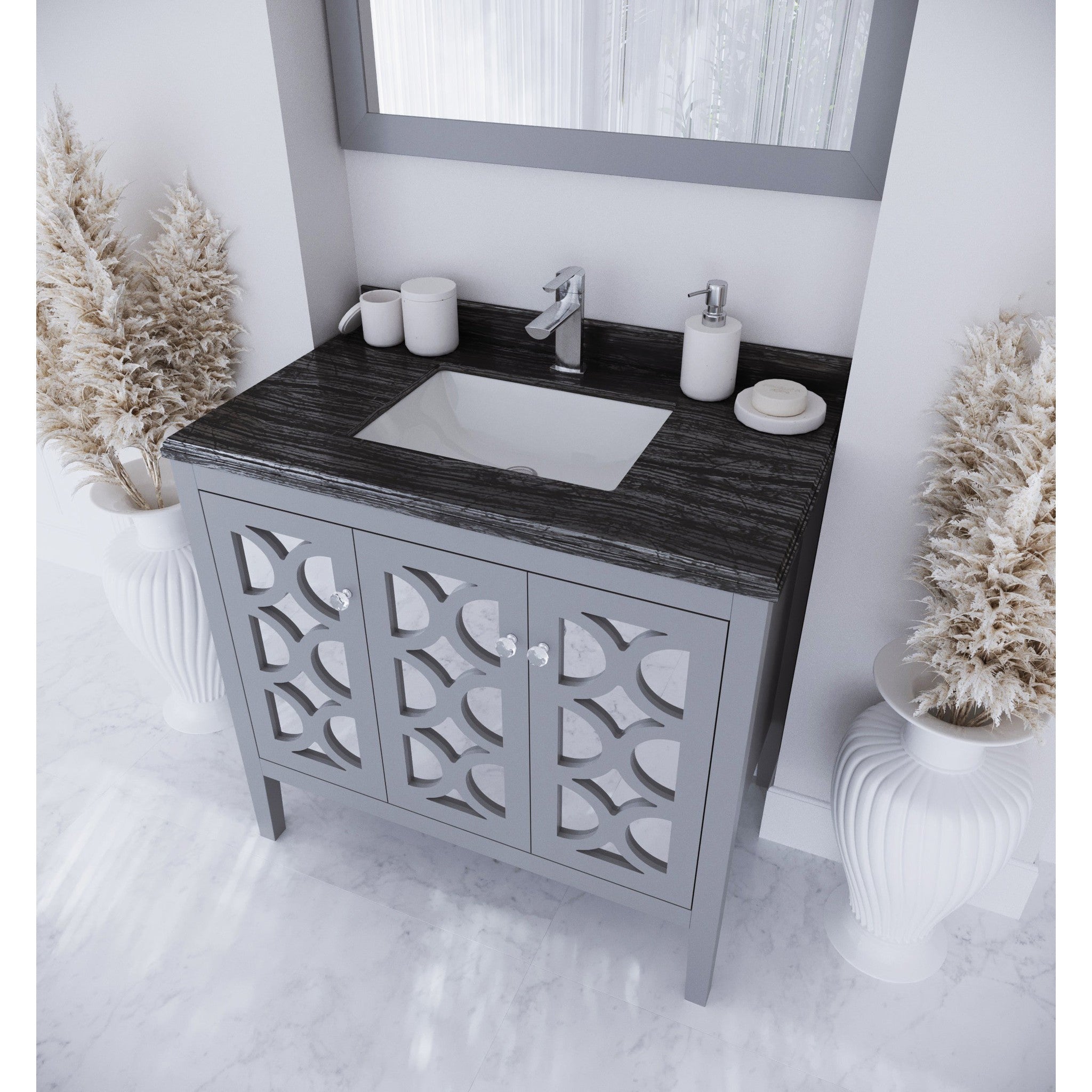 Mediterraneo 36" Grey Bathroom Vanity with Black Wood Marble Countertop