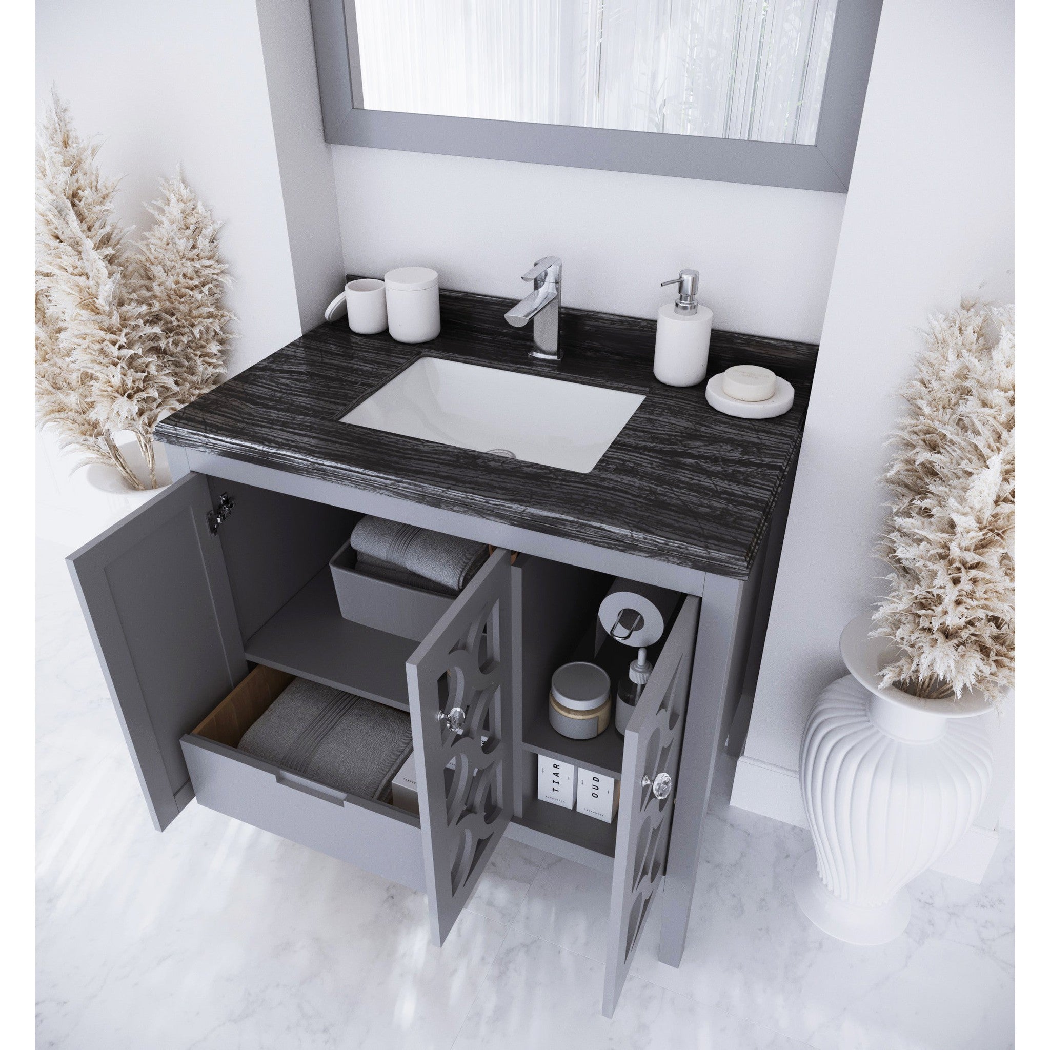 Mediterraneo 36" Grey Bathroom Vanity with Black Wood Marble Countertop