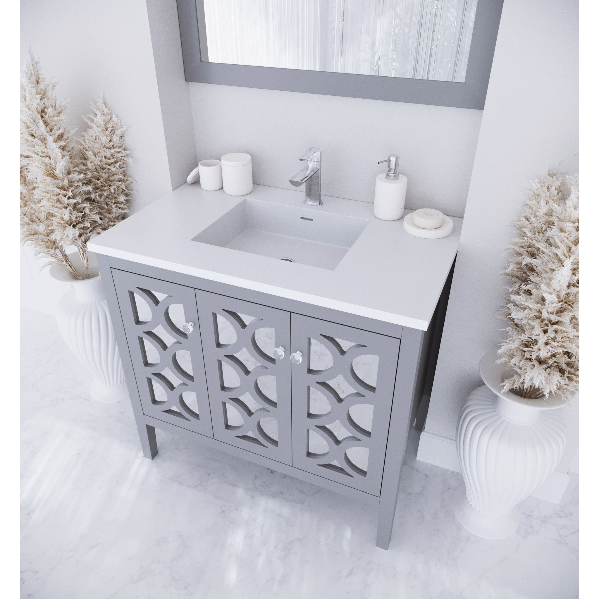 Mediterraneo 36" Grey Bathroom Vanity with Matte White VIVA Stone Solid Surface Countertop