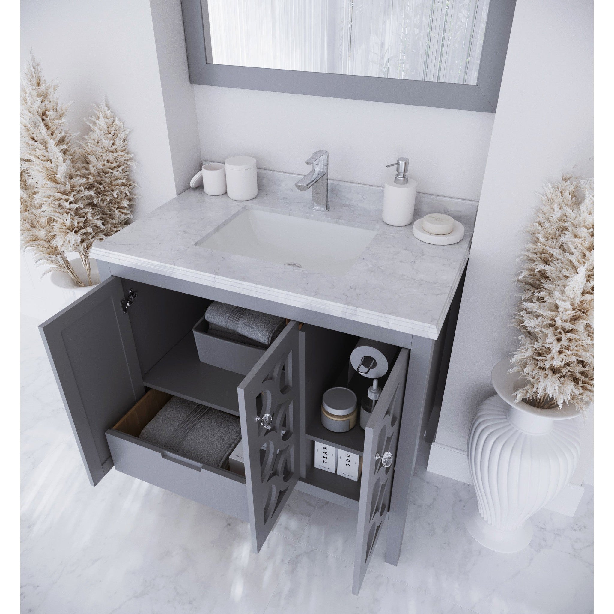 Mediterraneo 36" Grey Bathroom Vanity with White Carrara Marble Countertop