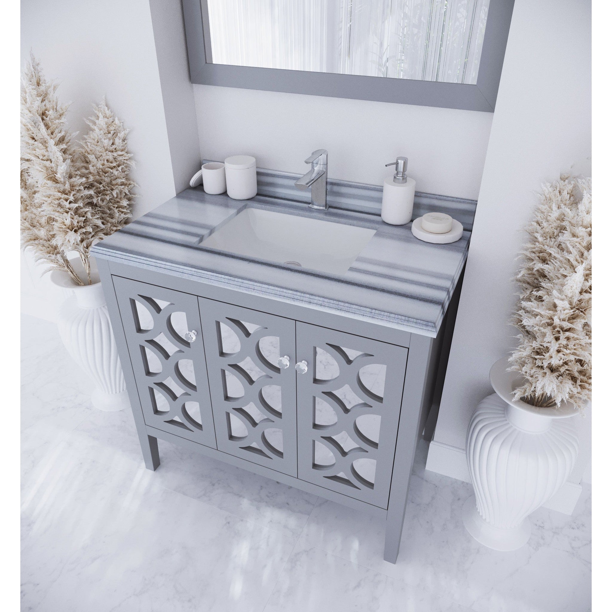 Mediterraneo 36" Grey Bathroom Vanity with White Stripes Marble Countertop