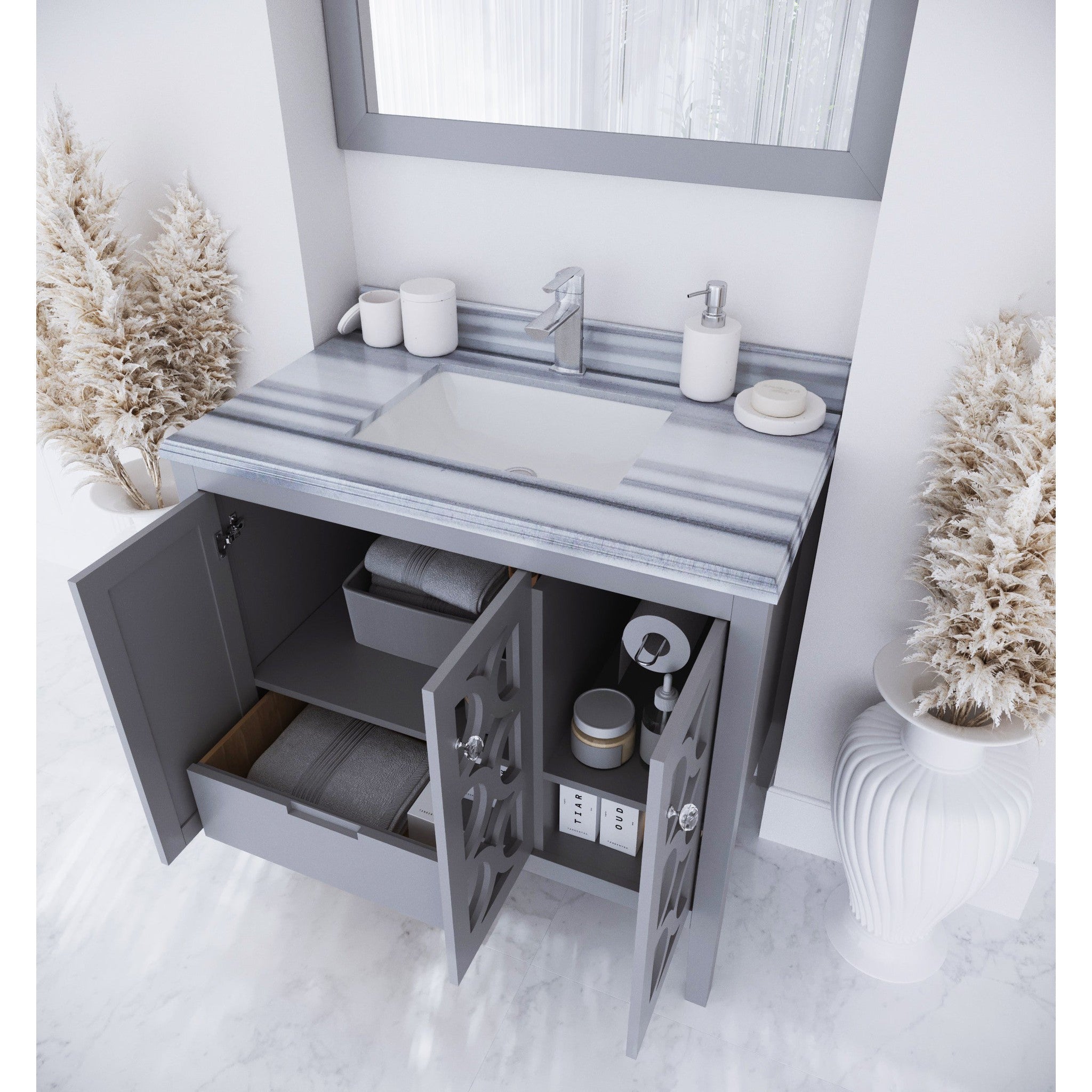 Mediterraneo 36" Grey Bathroom Vanity with White Stripes Marble Countertop