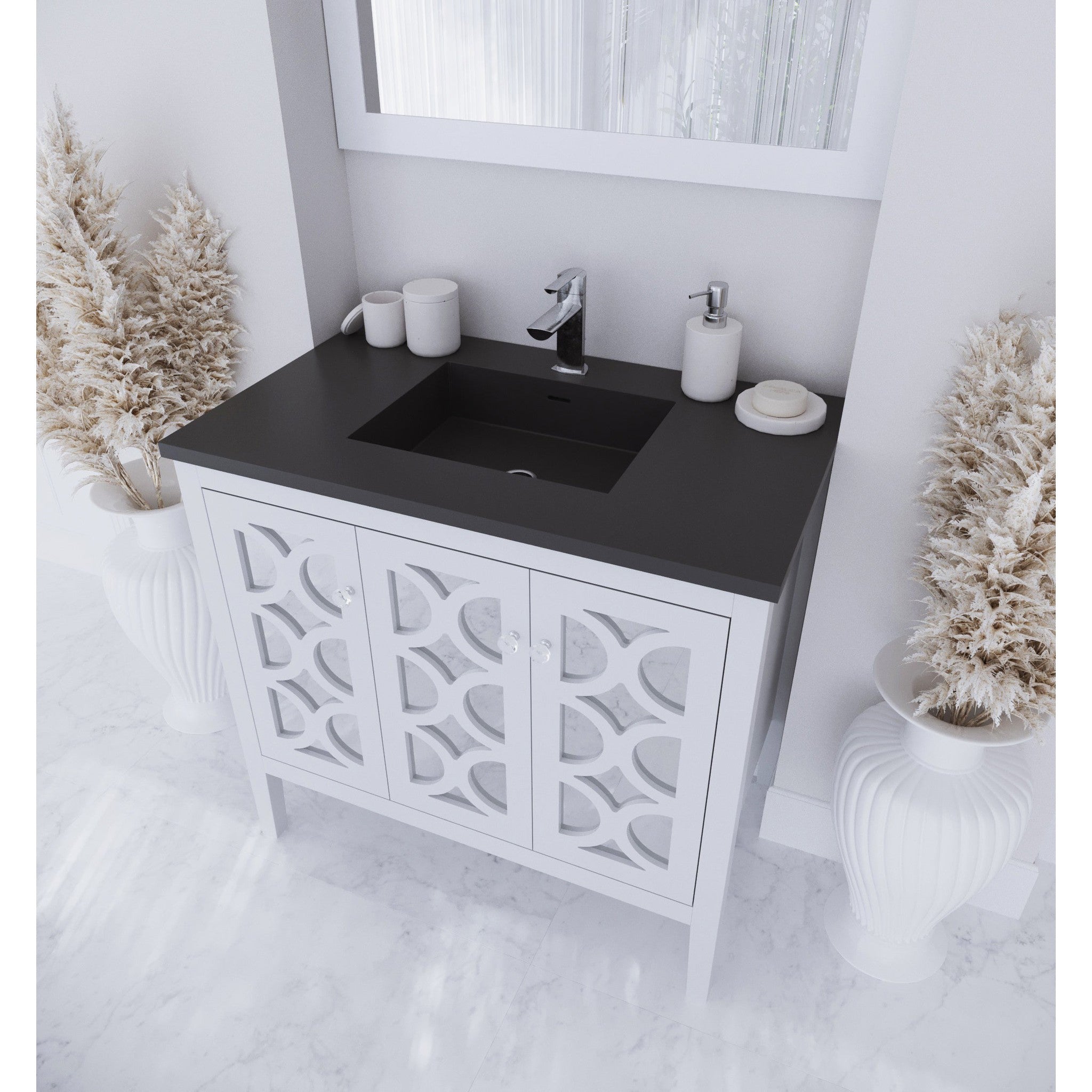 Mediterraneo 36" White Bathroom Vanity with Matte Black VIVA Stone Solid Surface Countertop