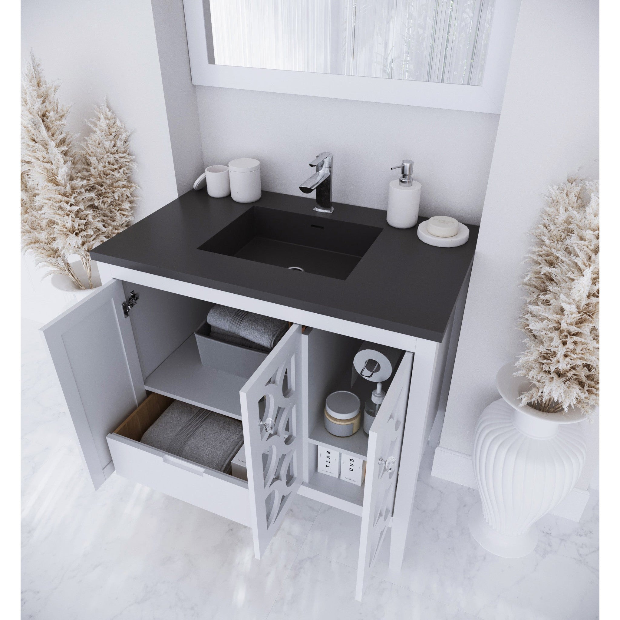 Mediterraneo 36" White Bathroom Vanity with Matte Black VIVA Stone Solid Surface Countertop