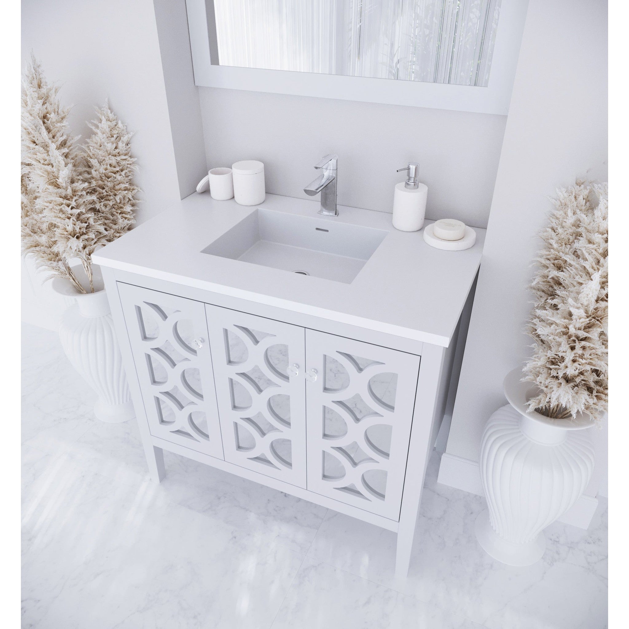 Mediterraneo 36" White Bathroom Vanity with Matte White VIVA Stone Solid Surface Countertop