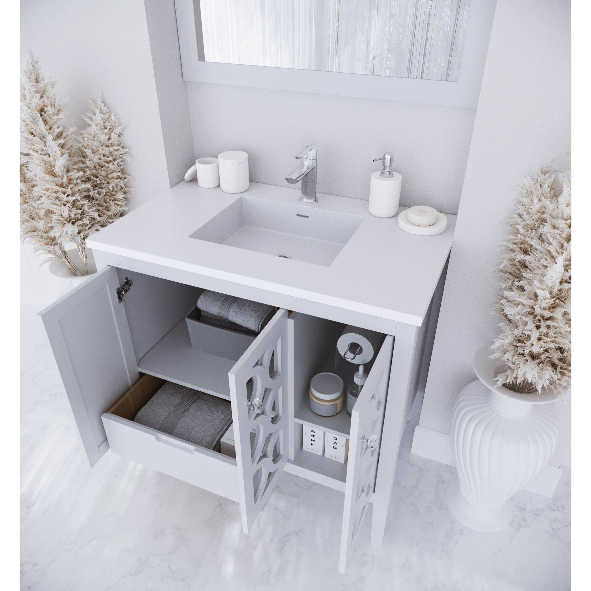 Mediterraneo 36" White Bathroom Vanity with Matte White VIVA Stone Solid Surface Countertop