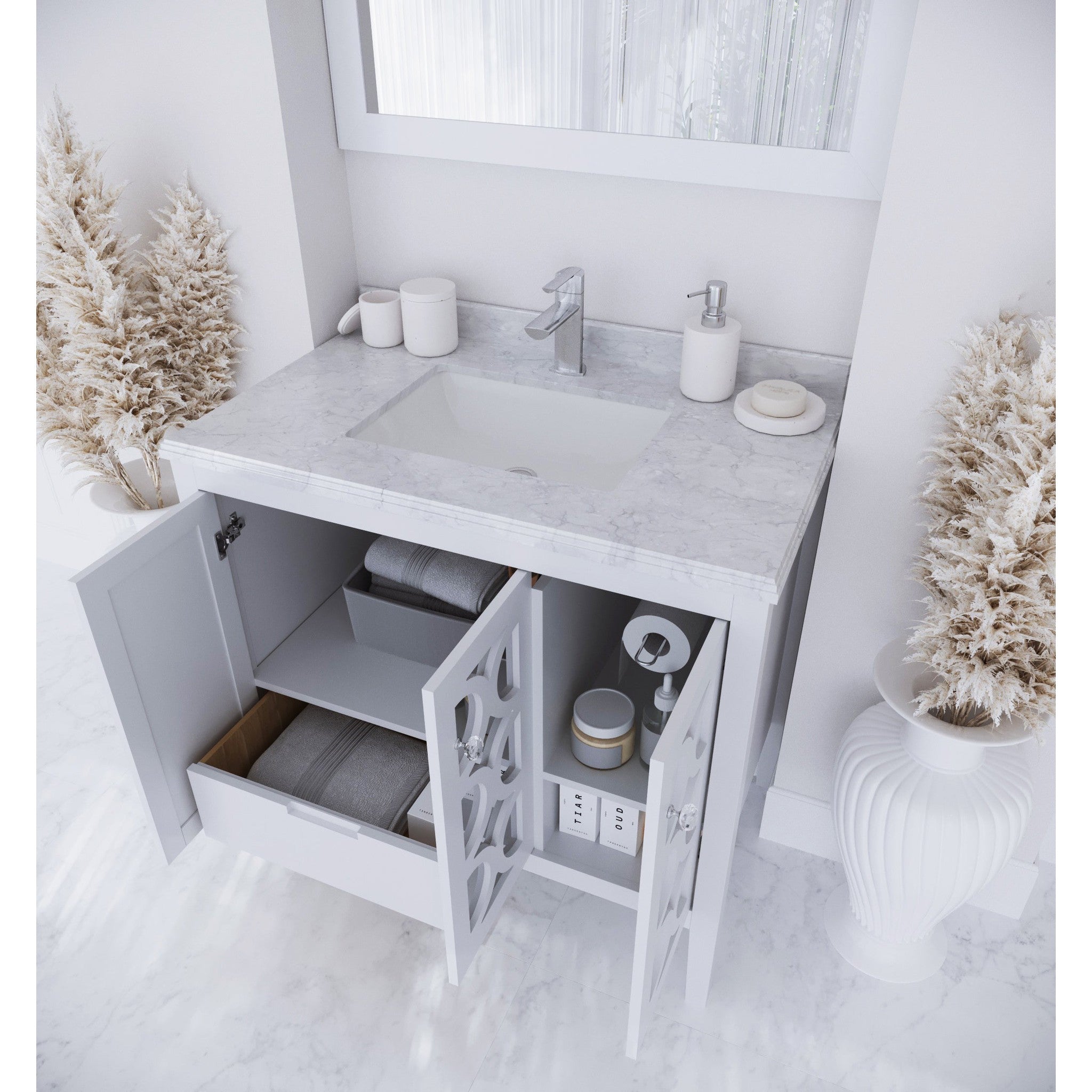 Mediterraneo 36" White Bathroom Vanity with White Carrara Marble Countertop