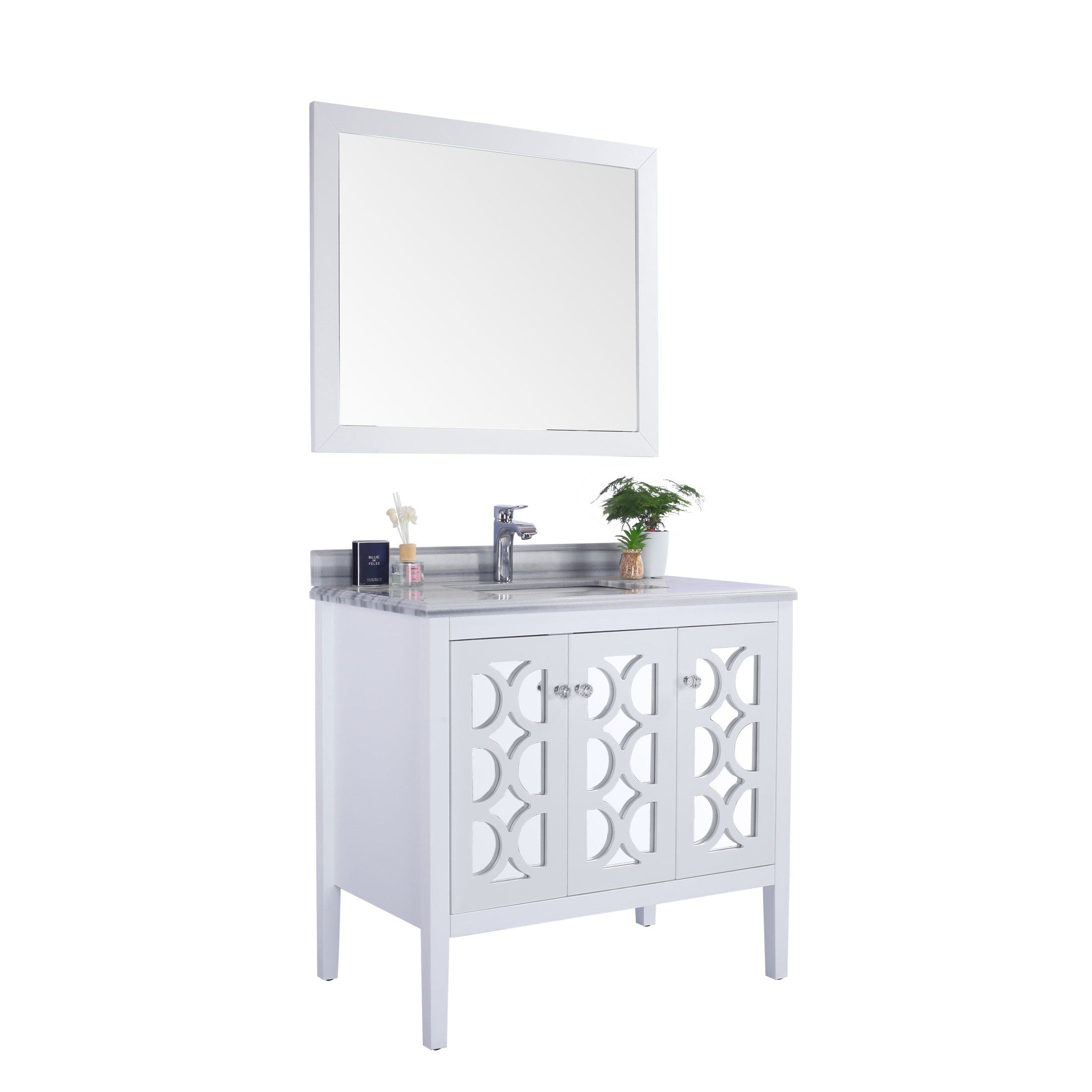 Mediterraneo 36" White Bathroom Vanity with White Stripes Marble Countertop