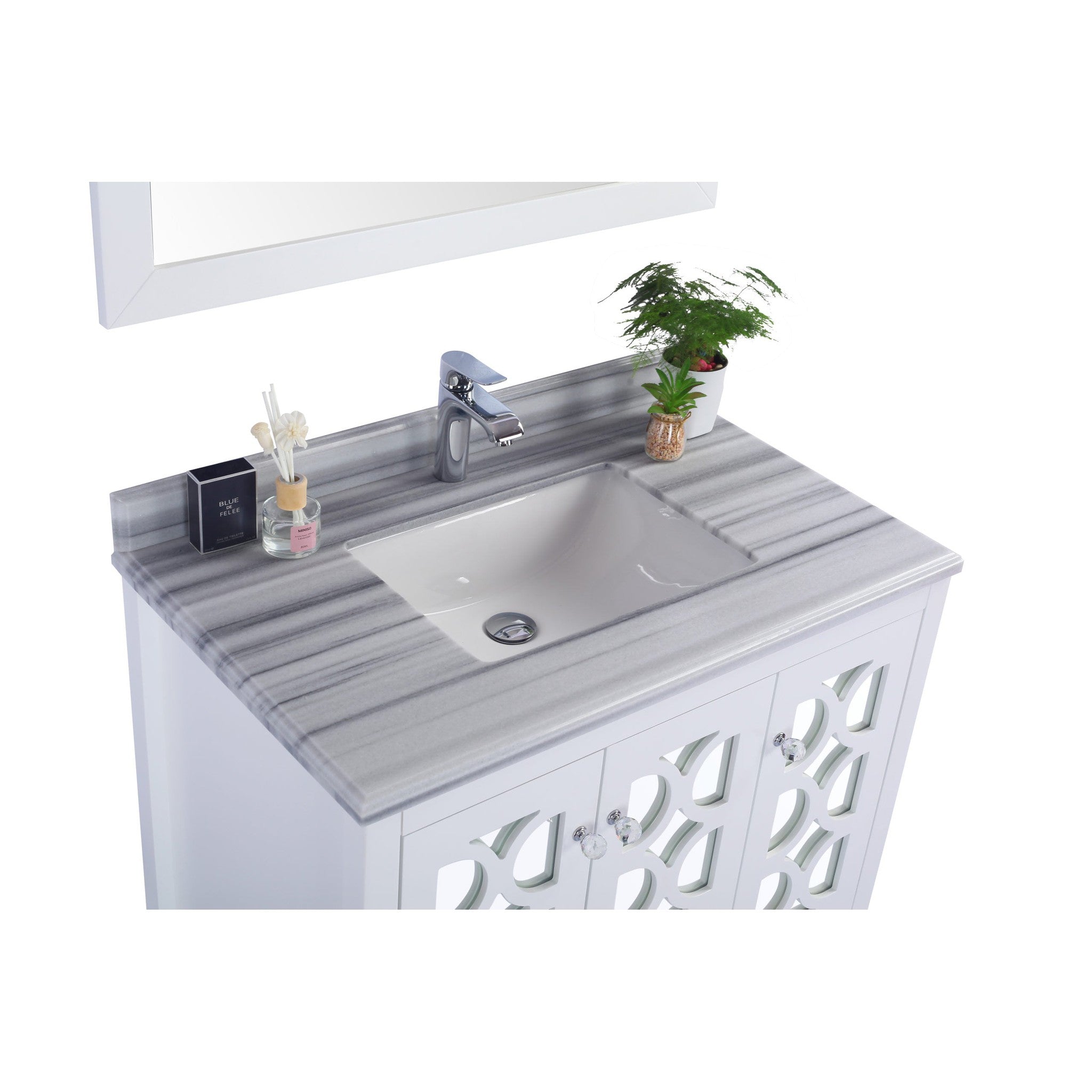 Mediterraneo 36" White Bathroom Vanity with White Stripes Marble Countertop