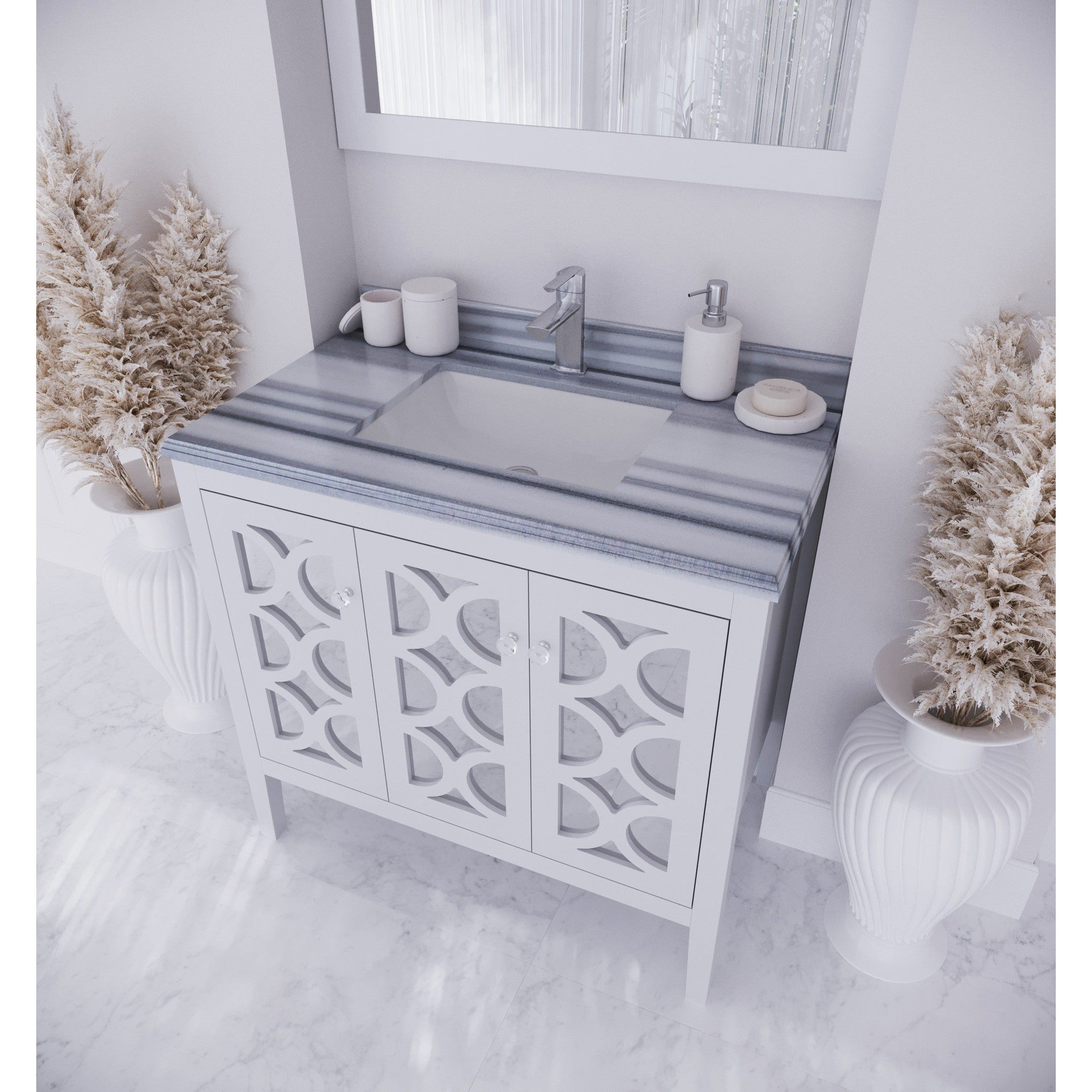 Mediterraneo 36" White Bathroom Vanity with White Stripes Marble Countertop