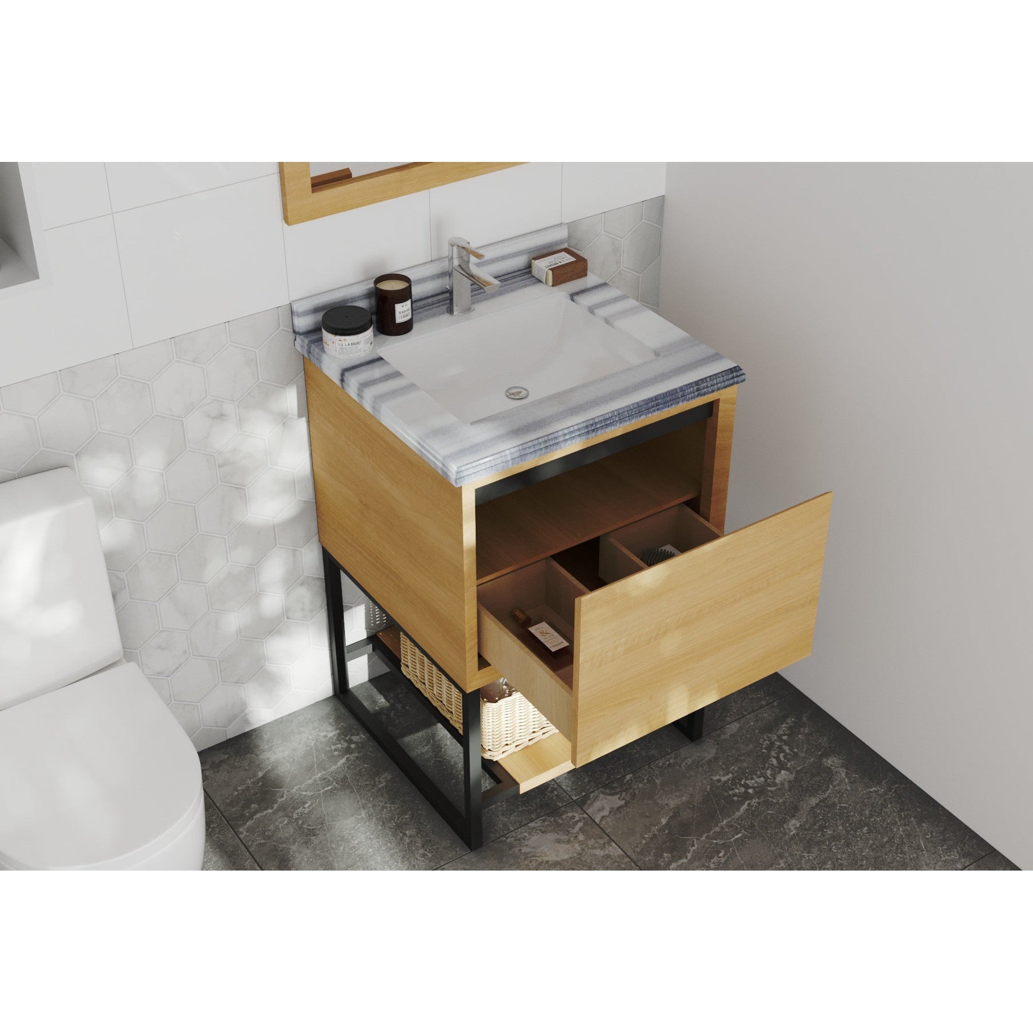 Alto 24" California White Oak Bathroom Vanity with White Stripes Marble Countertop