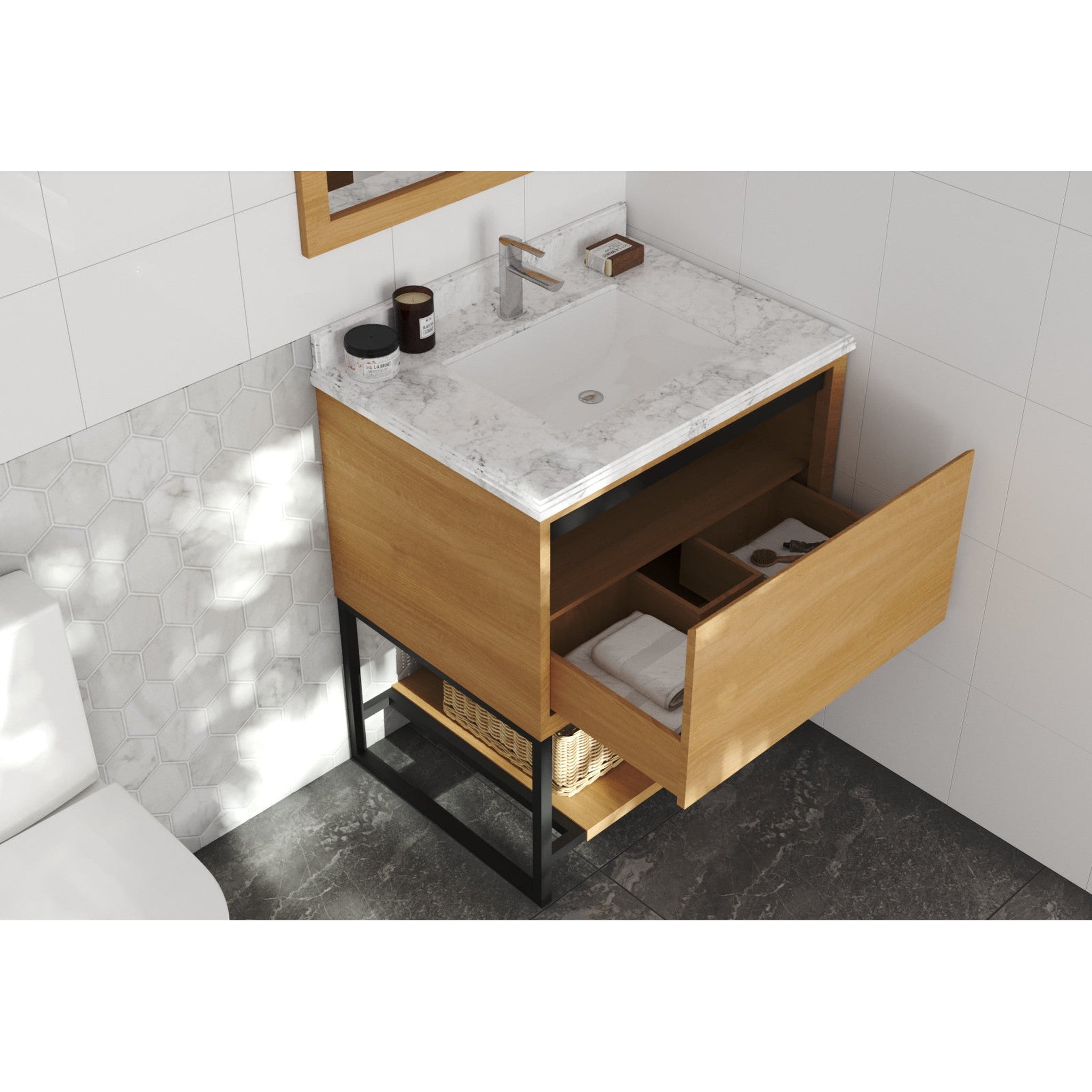 Alto 30" California White Oak Bathroom Vanity with White Carrara Marble Countertop