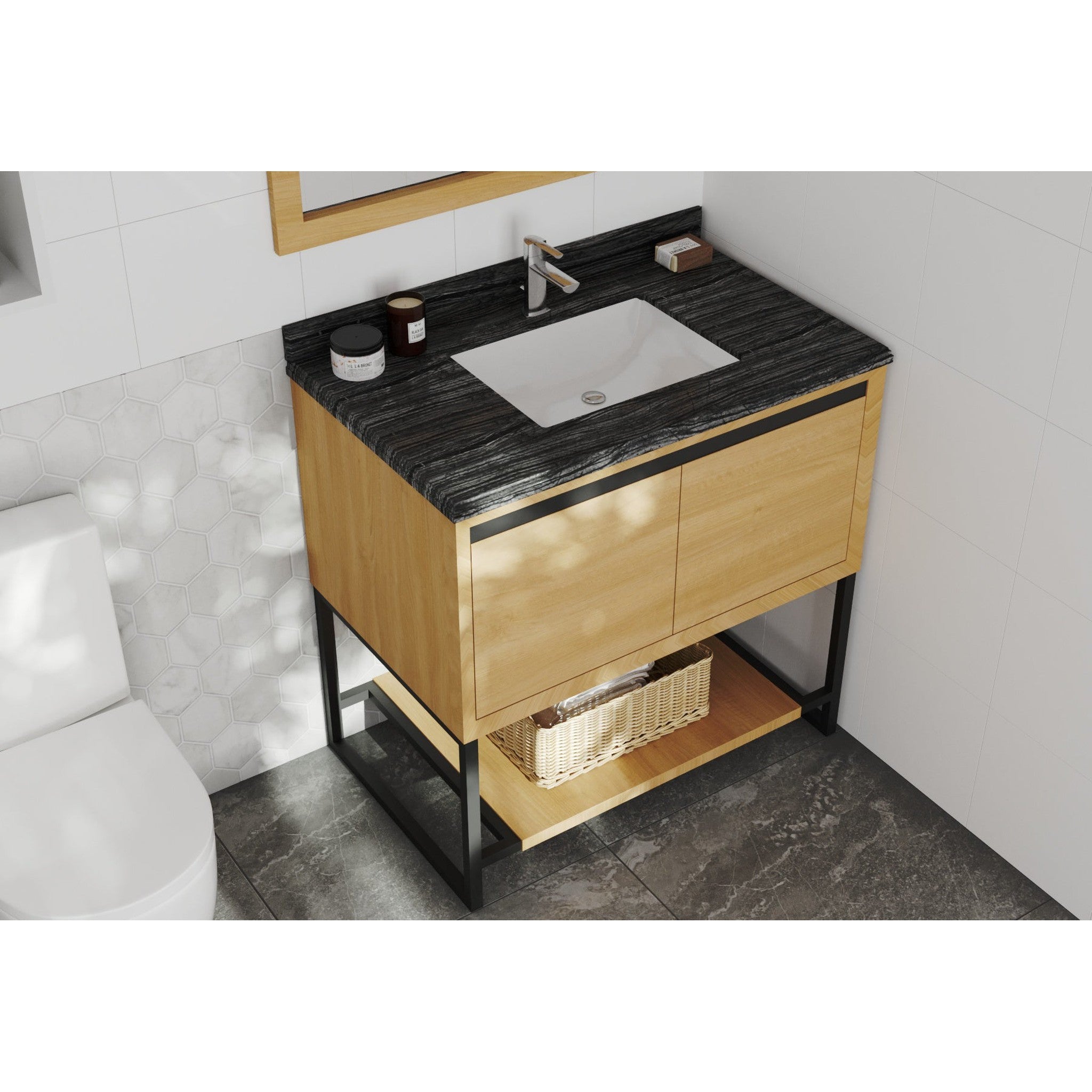 Alto 36" California White Oak Bathroom Vanity with Black Wood Marble Countertop