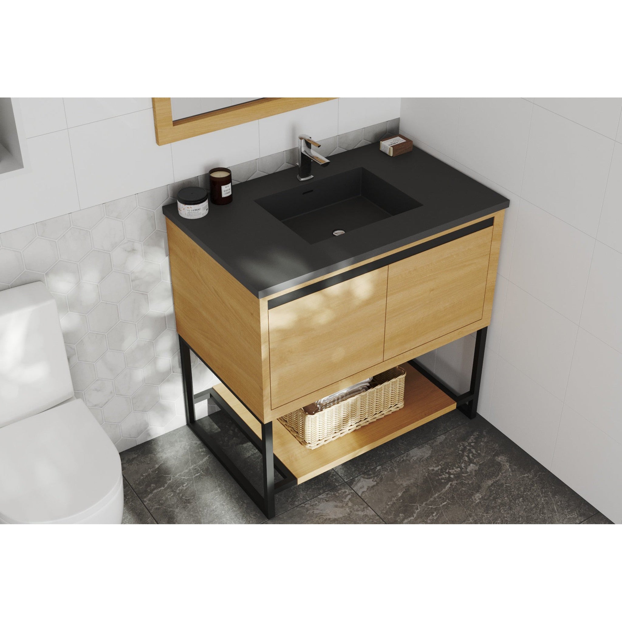 Alto 36" California White Oak Bathroom Vanity with Matte Black VIVA Stone Solid Surface Countertop